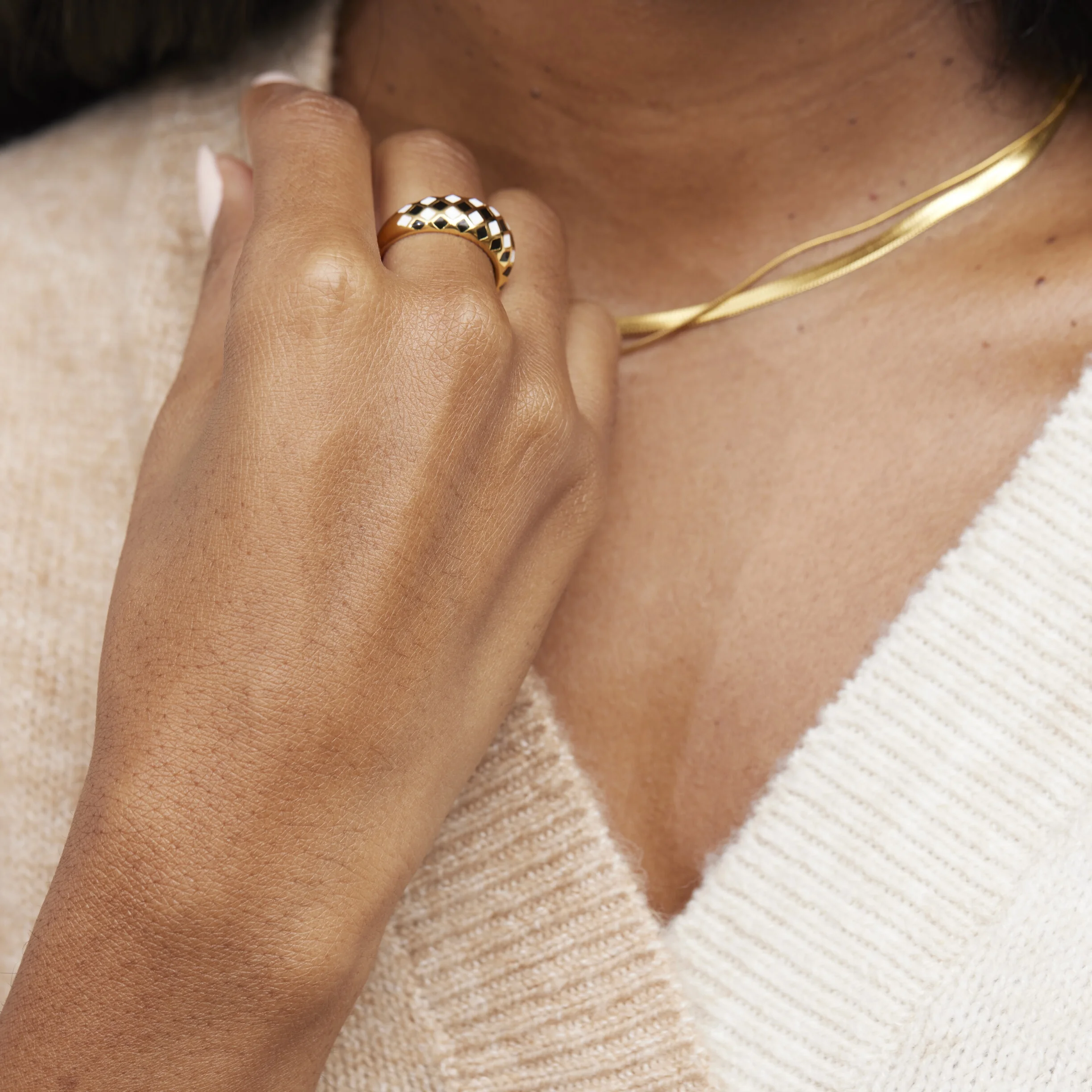 18K Gold Plated Titanium Checker Dome Ring. Vintage Styled Women Checkered Ring, Stackable Ring