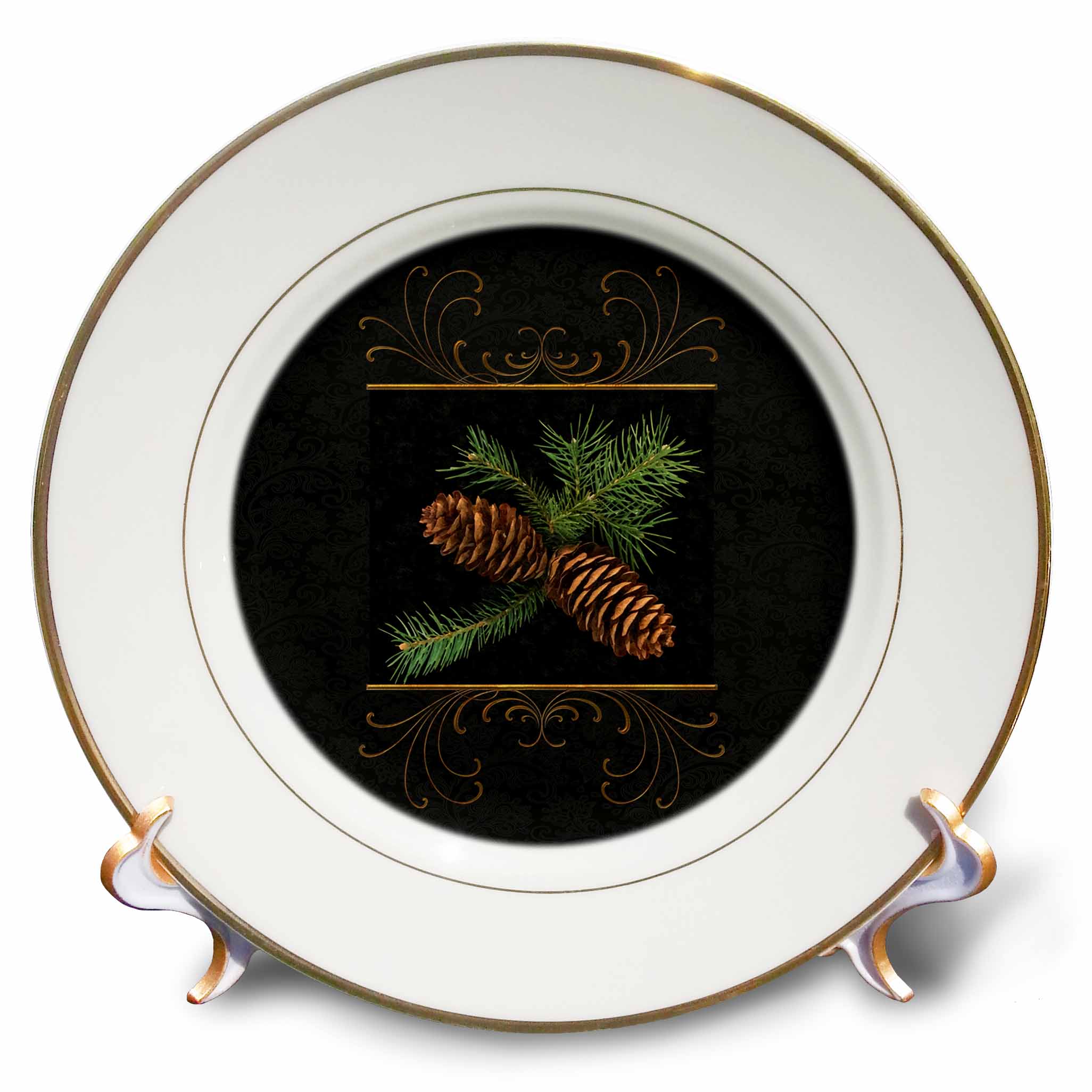 3dRose Rich black damask and gold swirls Winter Pine Cone watercolor, Porcelain Plate, 8-inch