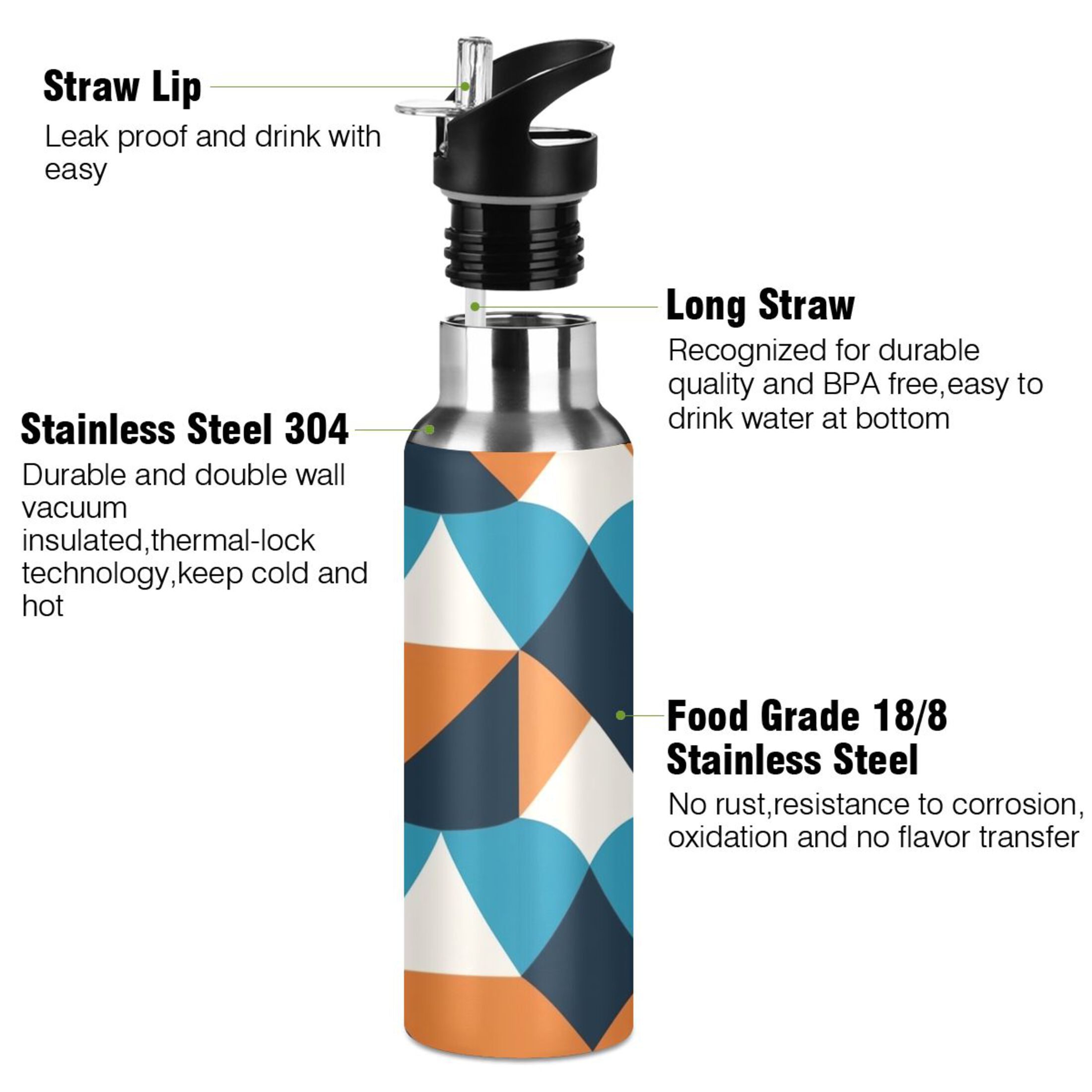 Blue and Black Water Bottles Insulated Thermos Kids Stainless Steel Bottle with Straw Lid Flask Leakproof for Sports Gym 20 oz