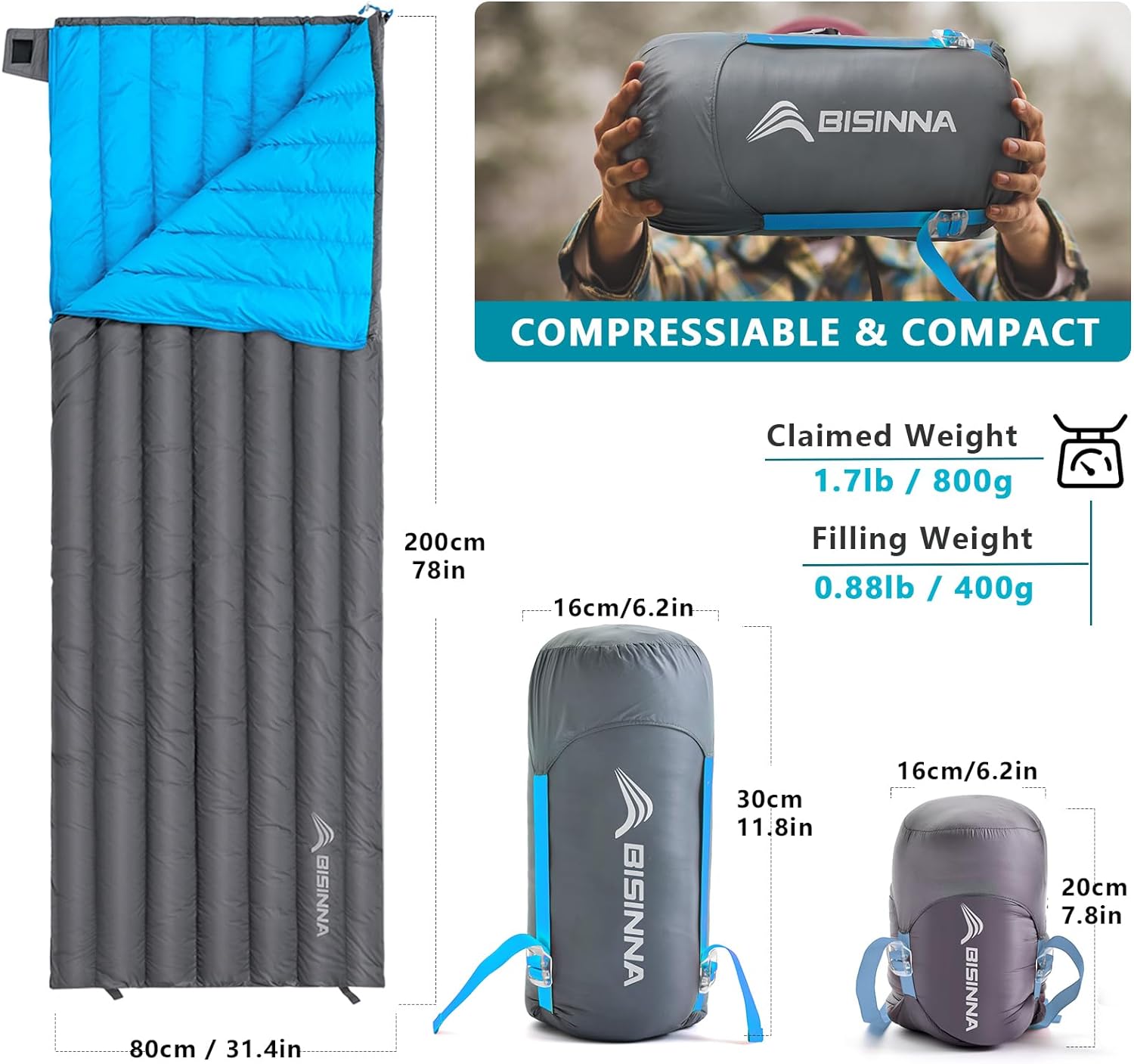 LIHONG 1.72lbs Ultralight Backpacking 650 Fill Power 32-50F Down Sleeping Bag for Adults and Kids - Ultra Lightweight and Compact Backpack Envelope Sleeping Bag for Hiking Camping