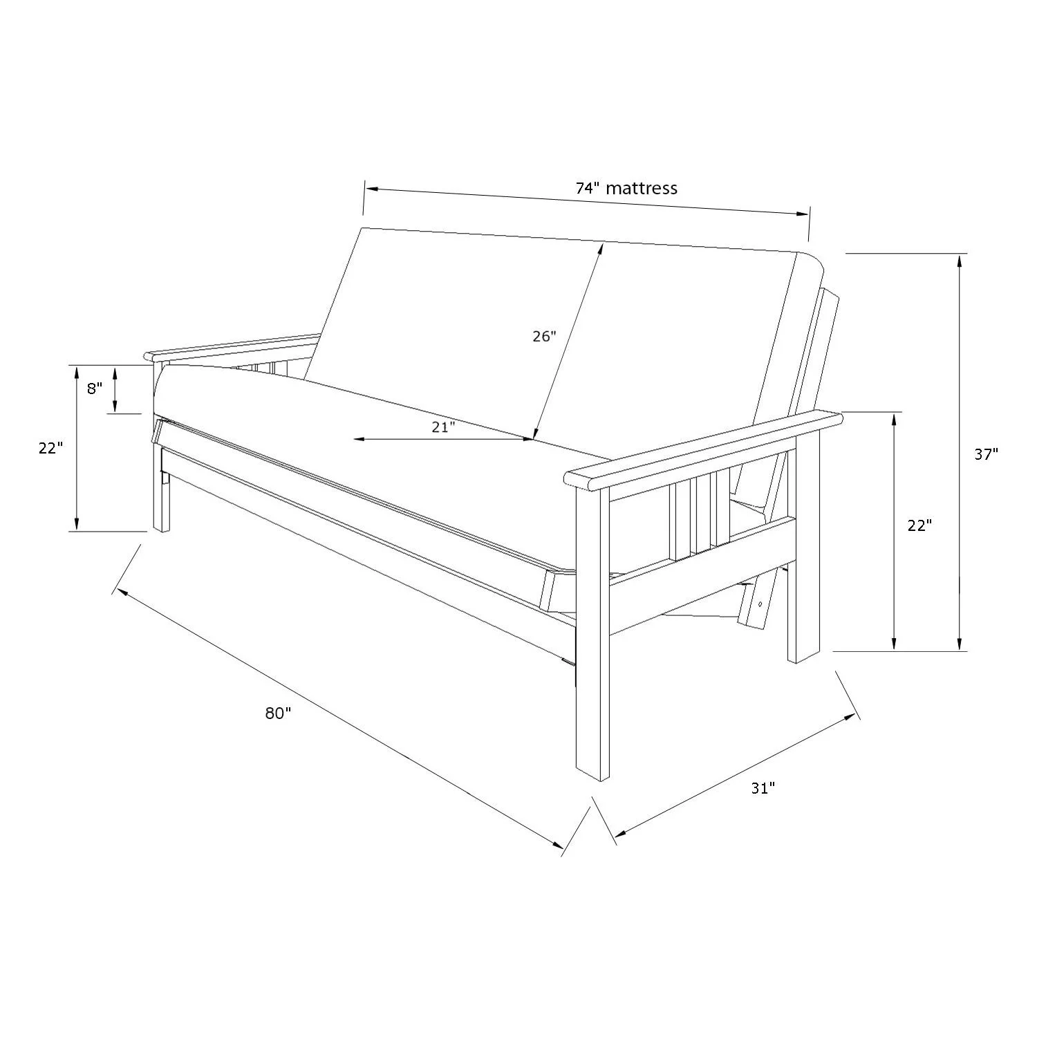 Maykoosh Eclectic Exclusivity Futon Frame-Black Finish-Linen Aqua Mattress