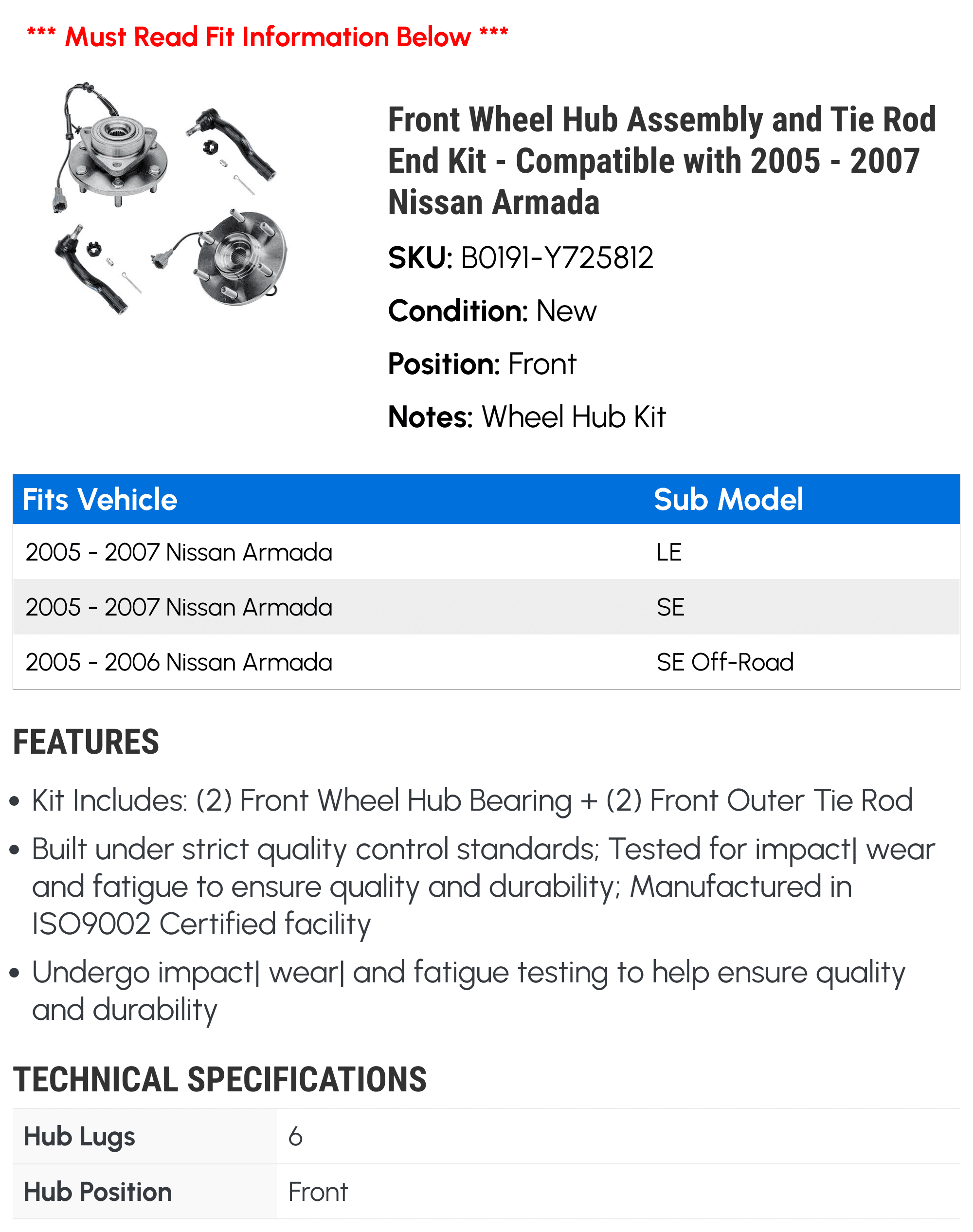 Front Wheel Hub Assembly and Tie Rod End Kit - Compatible with 2005 - 2007 Nissan Armada 2006