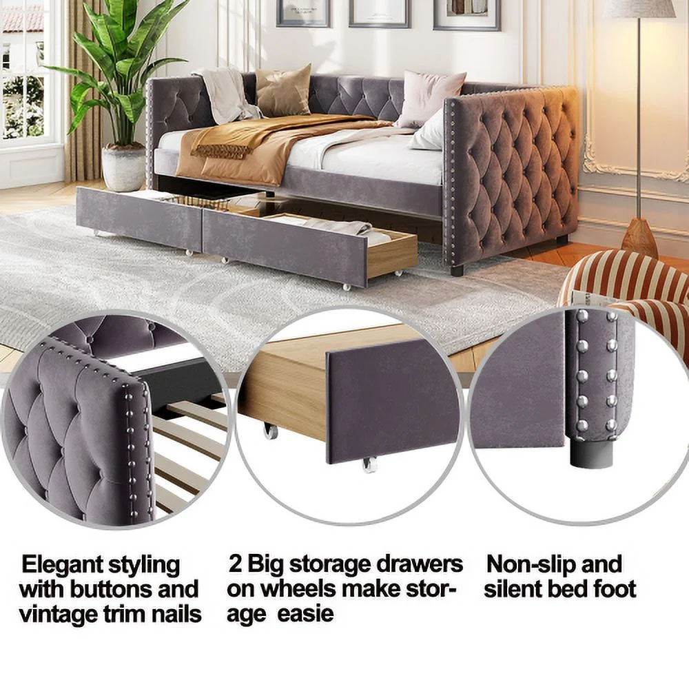 Sofa Bed With Drawers, Modern Velvet Upholstered Sofa Bed With Button Tufted Sofa Bed Frame With Double Drawers, Bedroom Living Room Furniture, Grey(83.47''X42.91''X30.71''')