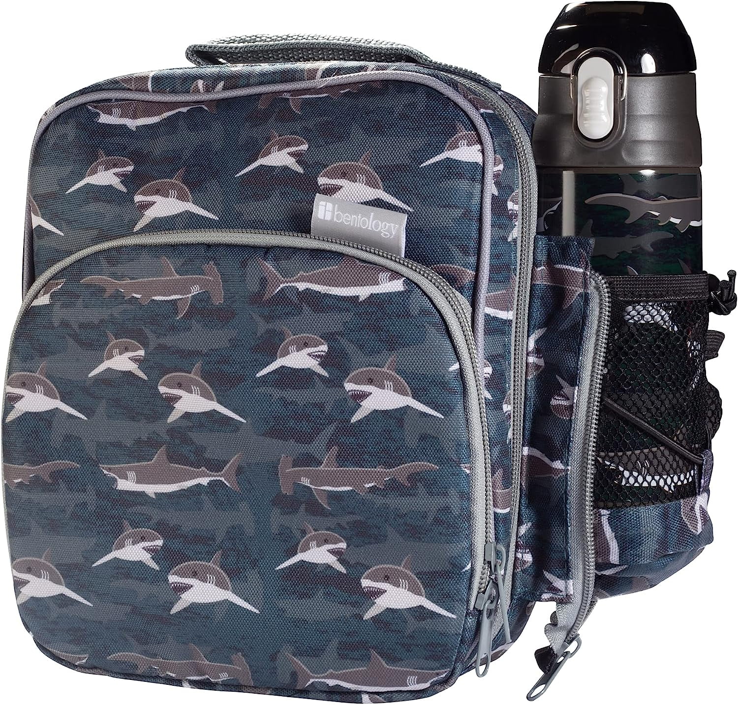Bentology Kids Lunch Bag Set (Shark)- Includes Padded, Insulated Tote,Reusable Hard Ice Pack & Insulated Stainless Steel Water Bottle