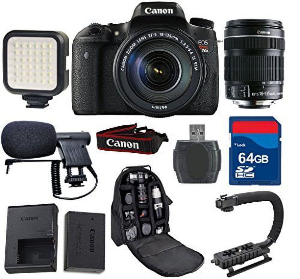 Canon T6s Digital SLR Camera with 18-135mm IS STM Lens + 64GB Memory Card + Video Rechargeable LED Light + Professional Condenser Shotgun Microphone + Backpack - International Version