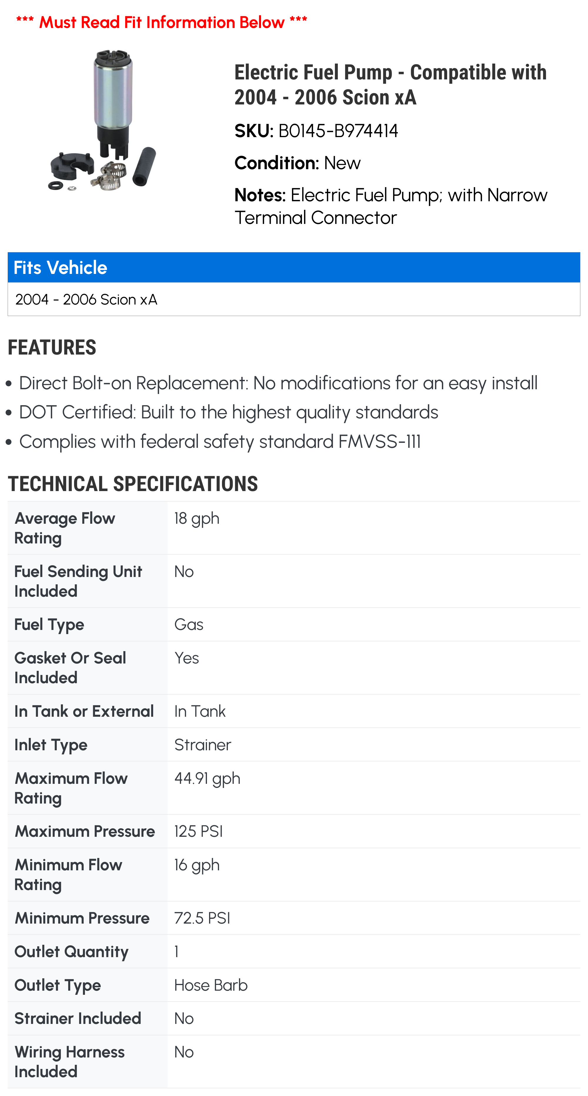 Electric Fuel Pump - Compatible with 2004 - 2006 Scion xA 2005