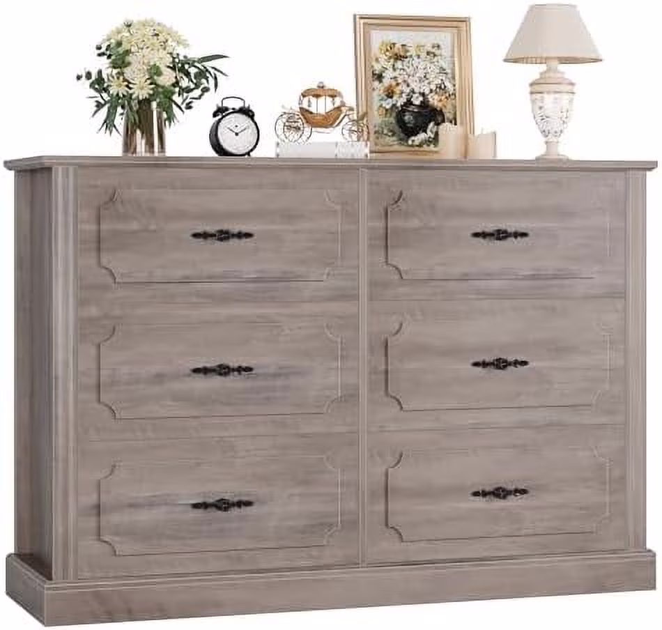 RUNFAYBIU Wood Dresser 6 Drawer  47.2'' Grey Dresser Farmhouse Dresser Chest of Drawers with Designed Drawer Surfaces  Grey Dresser with Deeper Drawer  Ash Grey