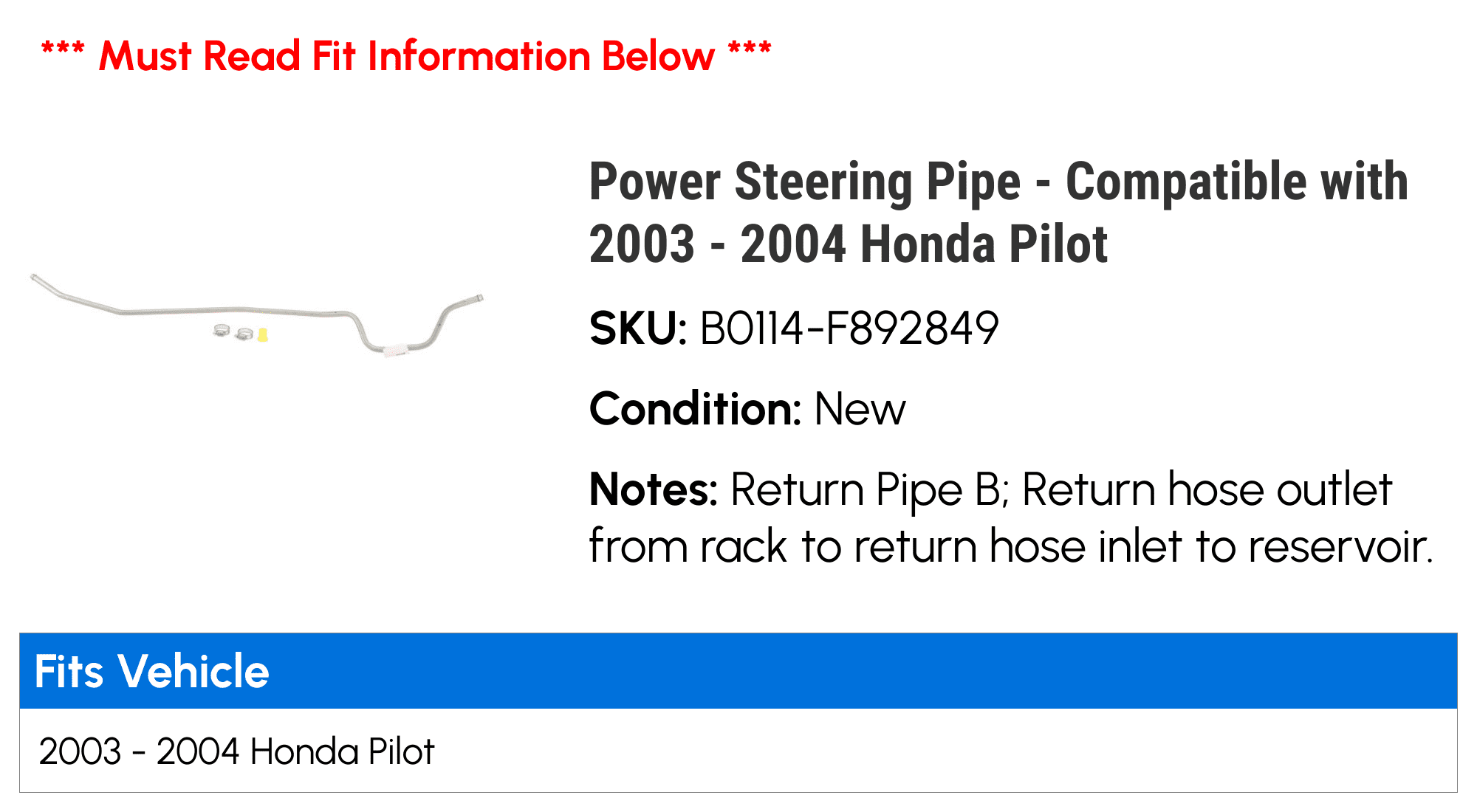 Power Steering Line - Compatible with 2003 - 2004 Honda Pilot