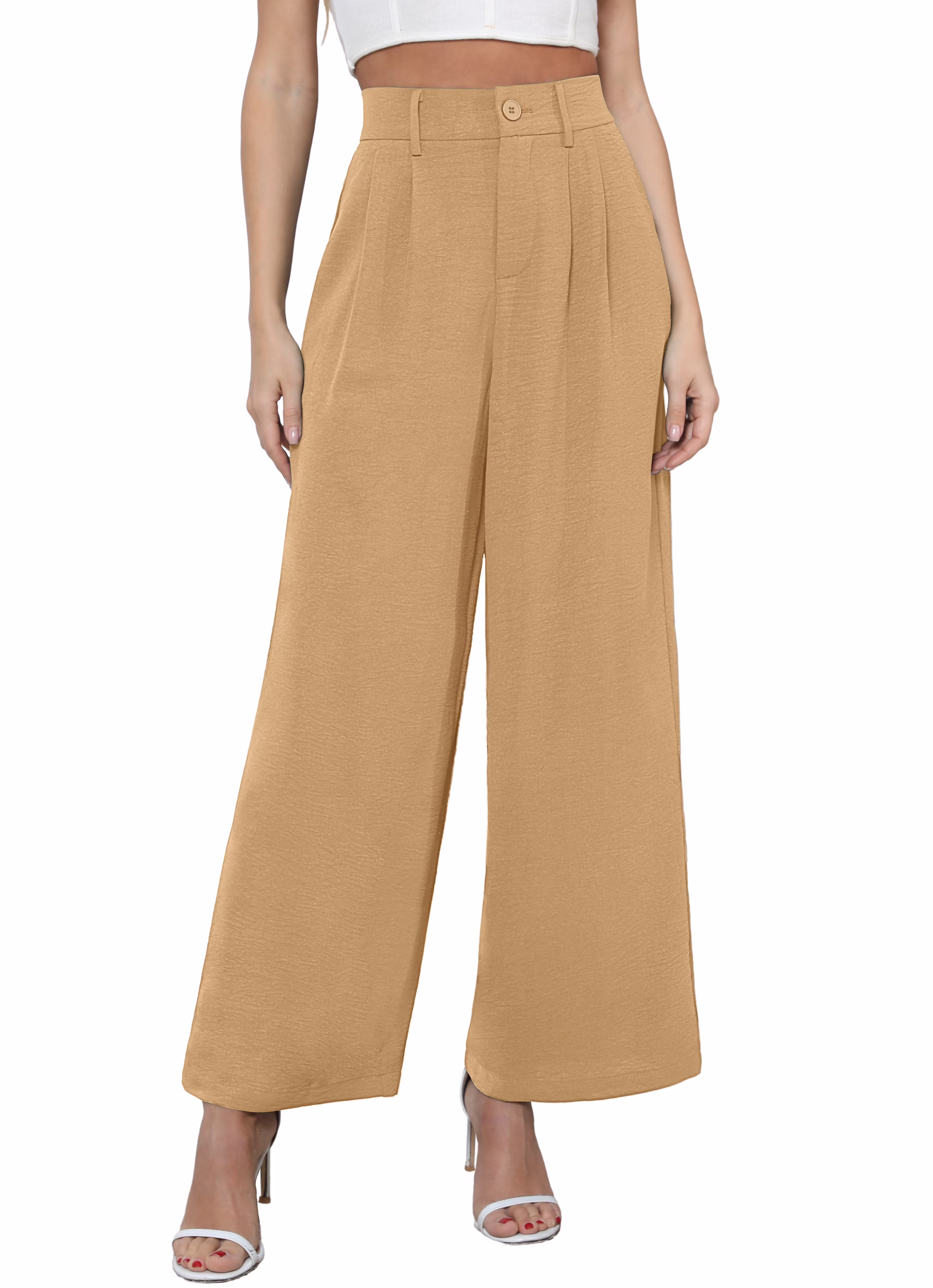 Uvplove Women's Pocket Wide Leg Trousers Lightweight Pants High Waist Button Loose Trouser Work Casual Business Pants