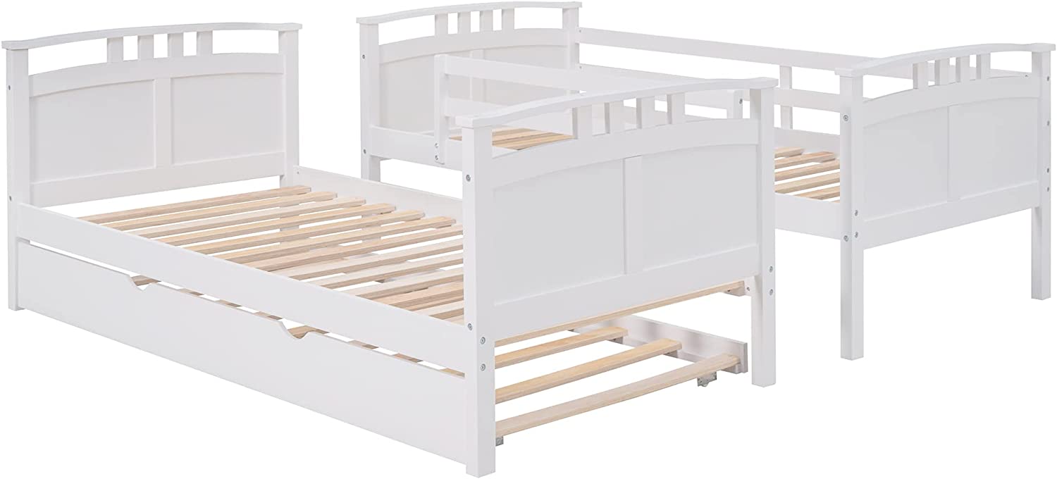 Wooden Bunk Bed With Trundle, Separable Full Bunk Bed Can Be Separated Into 2 Beds, White