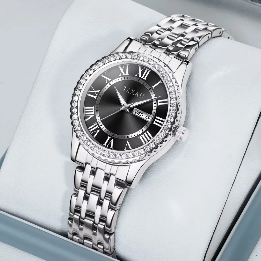 TAXAU Sliver Womens Watches Small Black Face Watches For Women Classic Analog Quartz Ladies Watches For Small Wrist Diamond Watches Women Stainless Steel Band Watches Waterproof Womens Wrist Watches