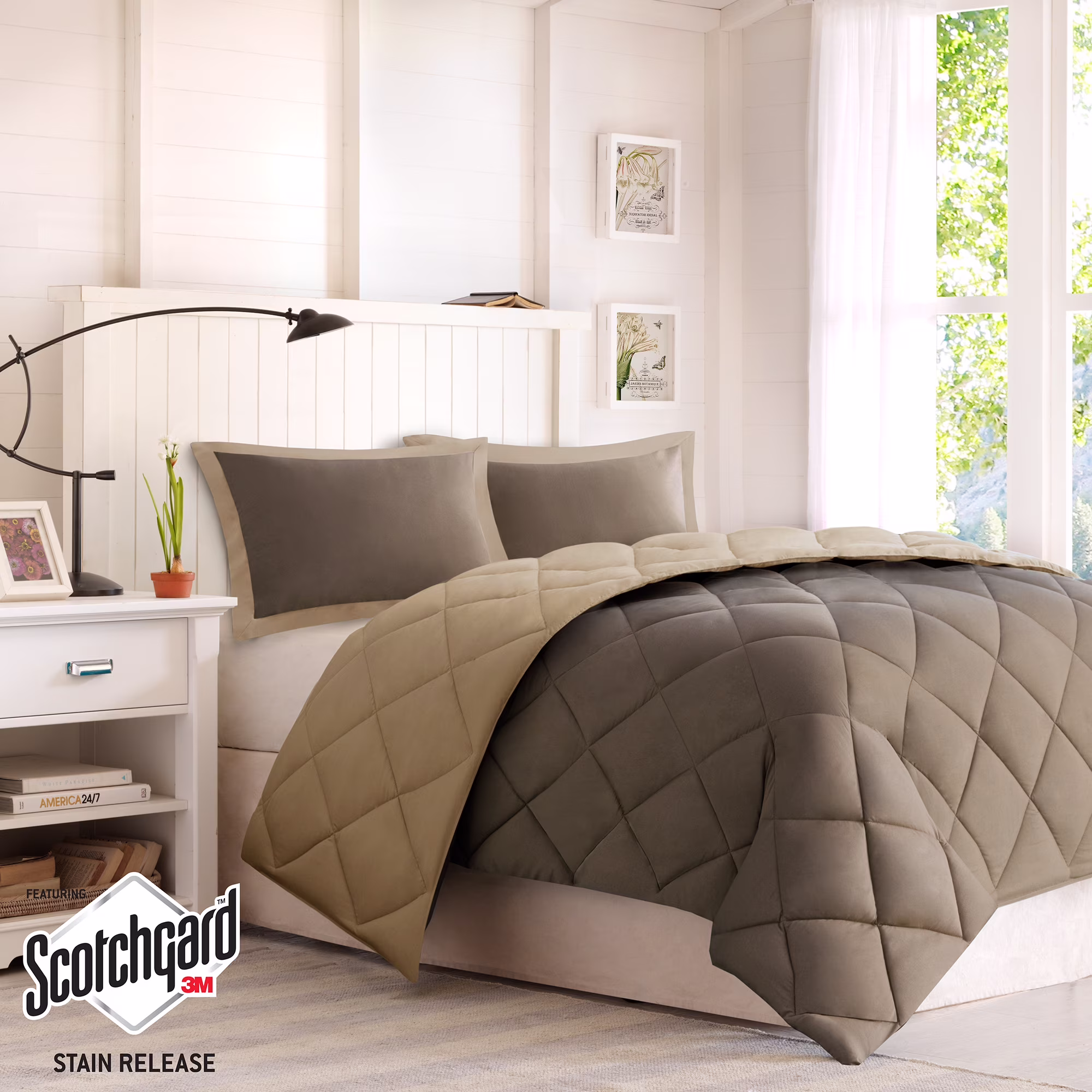 Comfort Classics Windsor Reversible Down Alternative 3M Scotchgard Comforter Set, Brown/Sand, Twin/Twin XL