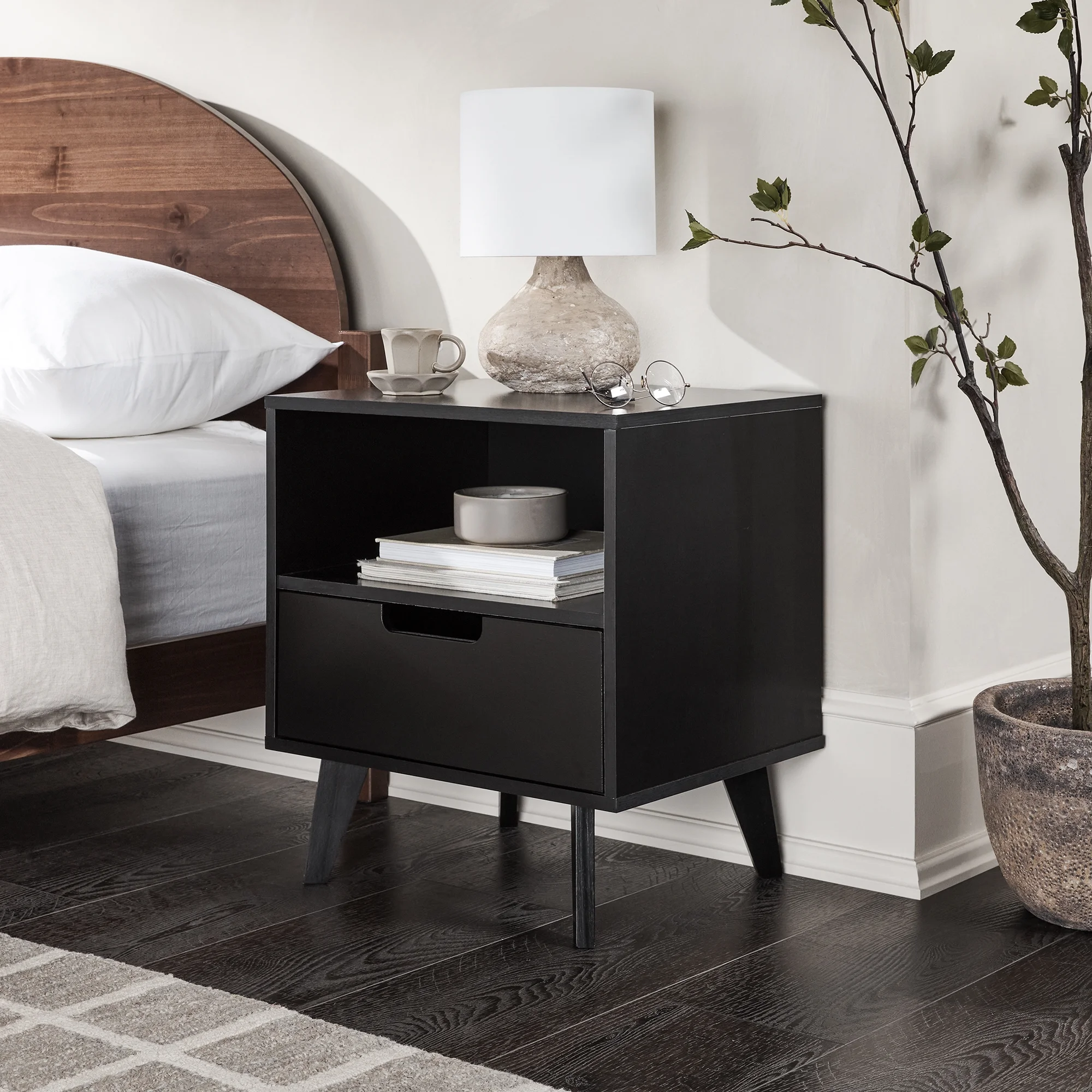 Walker Edison Mid-Century Modern 1-Drawer Angle-Leg Nightstand, Black