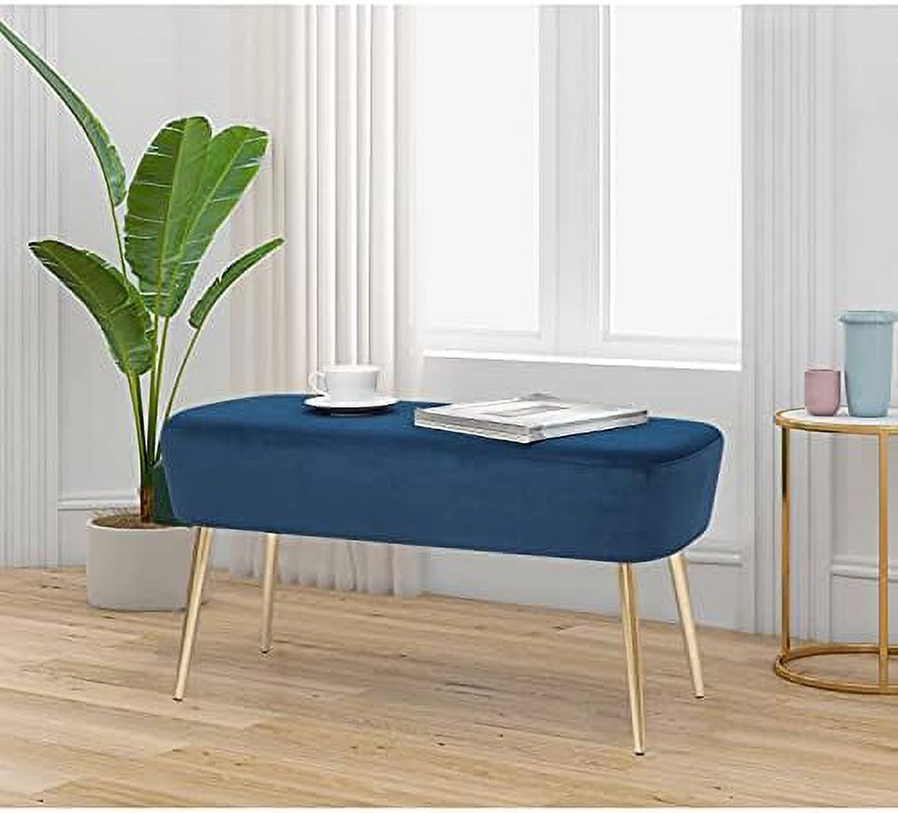 KHBIULIFE Upholstered Velvet Blue Ottoman Bench  35 inch Entryway Bench  End of Bed Bedroom  Footrest Stool with Golden Metal Legs for Bedroom  Living Room