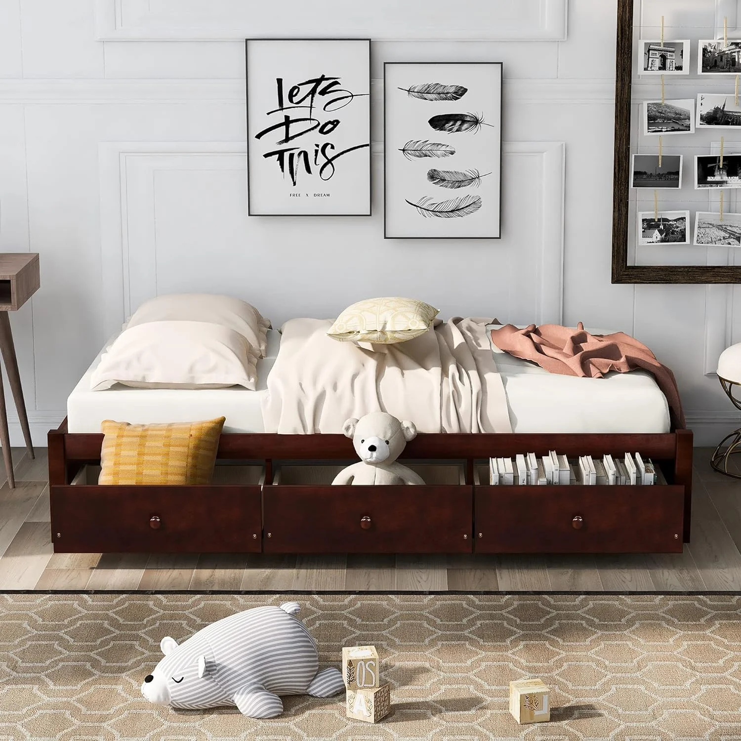 Size Platform Storage Bed With 3 Drawers, Solid Wood Bed Frame, No Box Spring Needed, Cherry