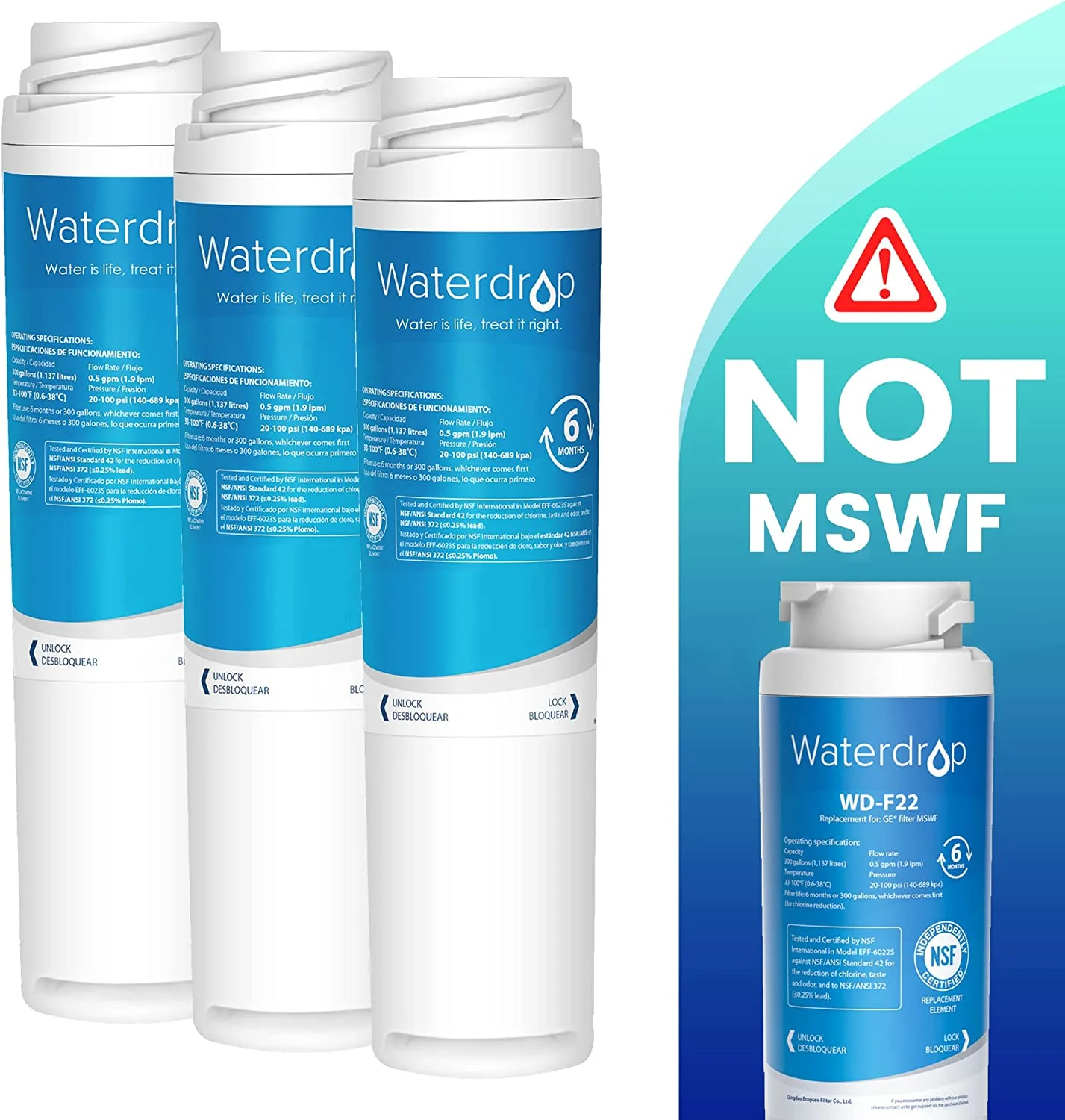 Waterdrop GSWF Water Filter, Replacement for GE® GSWF Smart Water 238C2334P001, GSWFDS, 100749-C, Kenmore 46-9914, 469914, 9914 Refrigerator Water Filter, NSF 42&372 Certified (3 Pack)