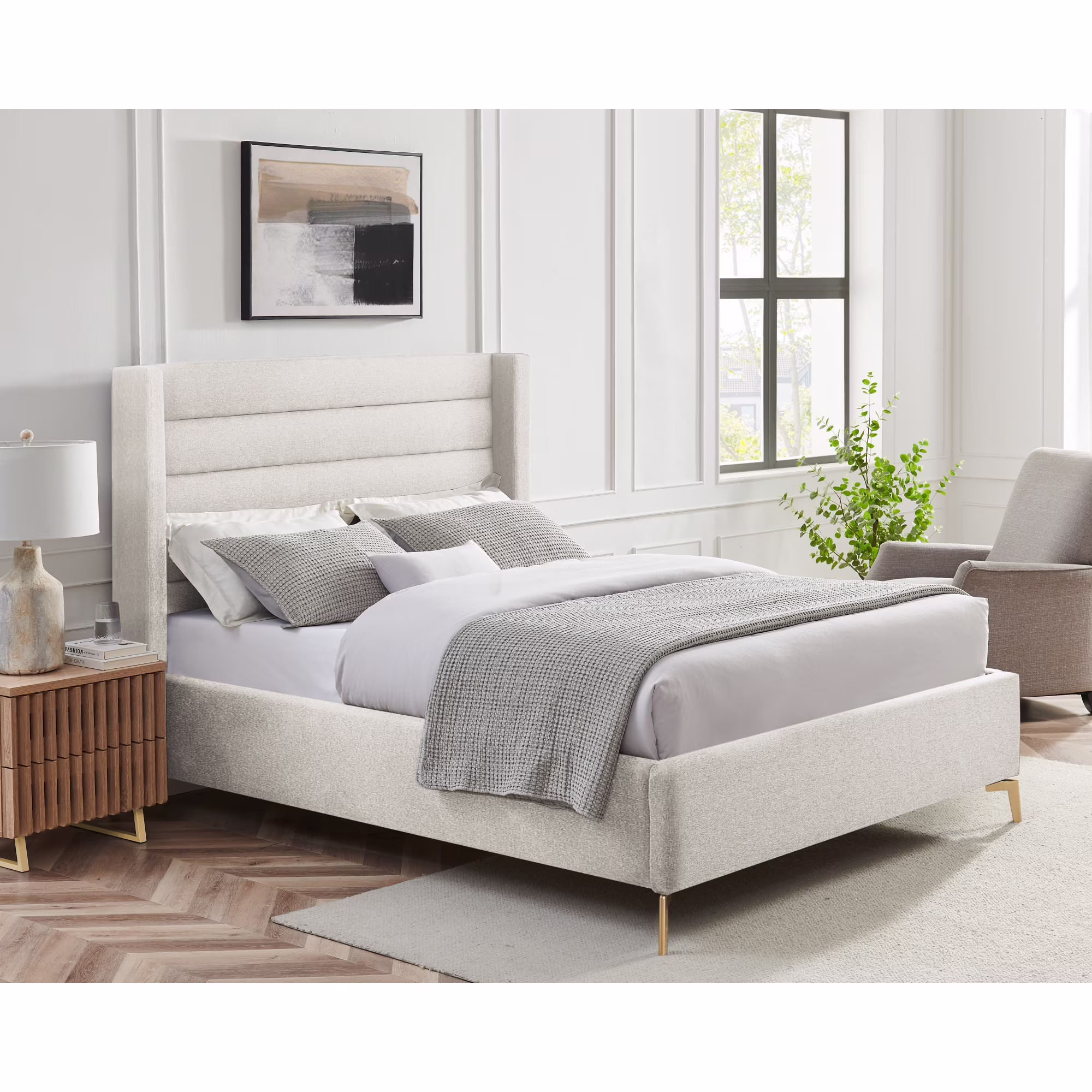 Montez Upholstered Linen Queen Size Wingack Platform Bed, Light Beige