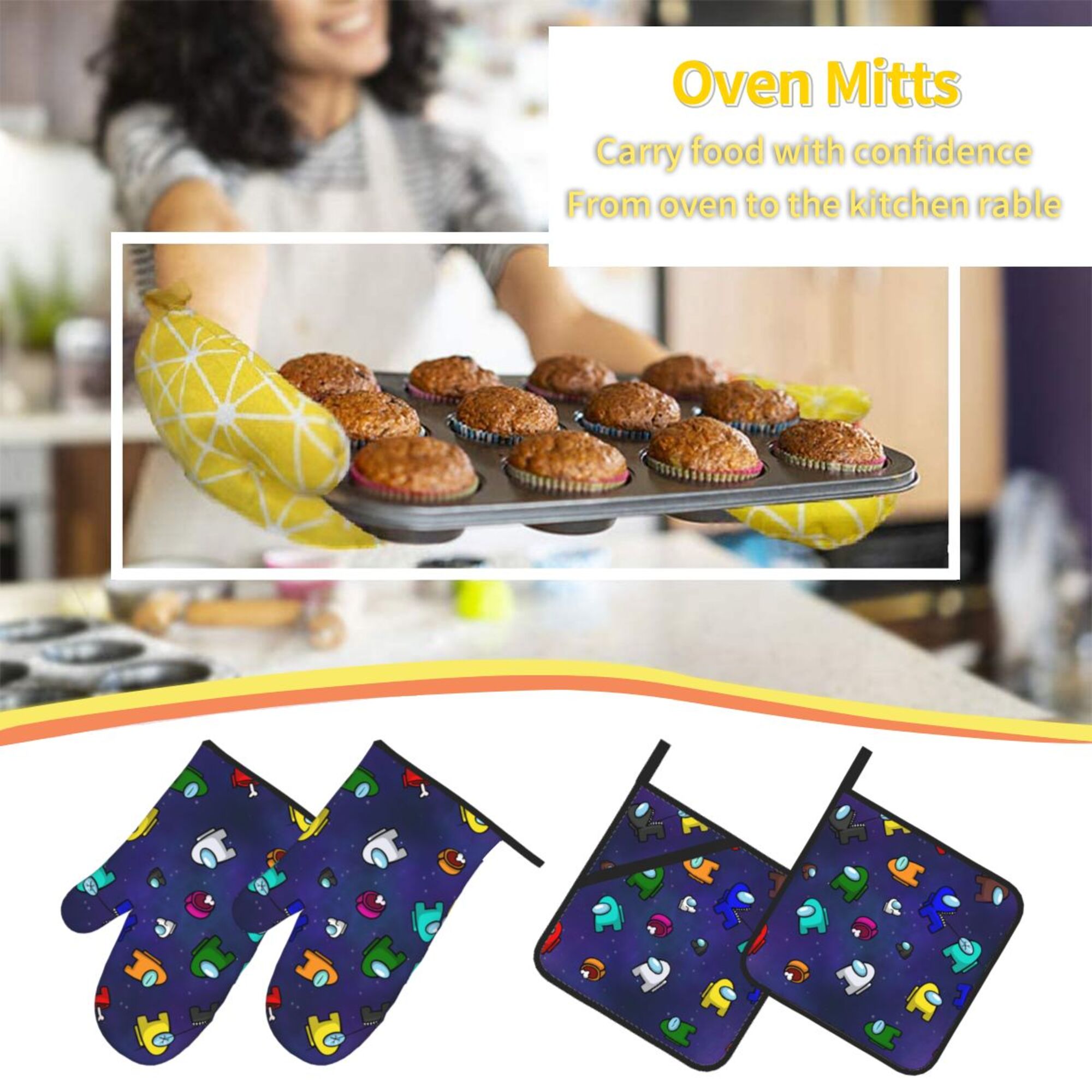 ZICANCN Oven Mitts and Pot Holders Sets,Funny Astronaut Baking Sets Kitchen Heat Resistant 4 Pieces
