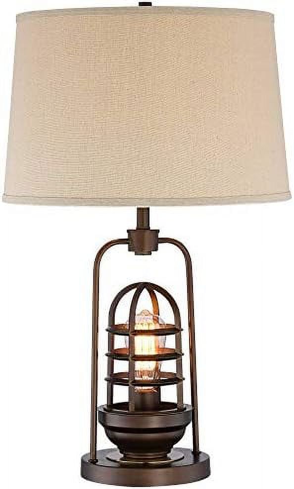 GEROBOOM Iron Works Hobie Industrial Table Lamp with Nightlight Antique LED Edison Bulb 27.5" Tall Rust Bronze Brown Cage Drum Shade Decor for Living Room Bedroom House Bedside Nights