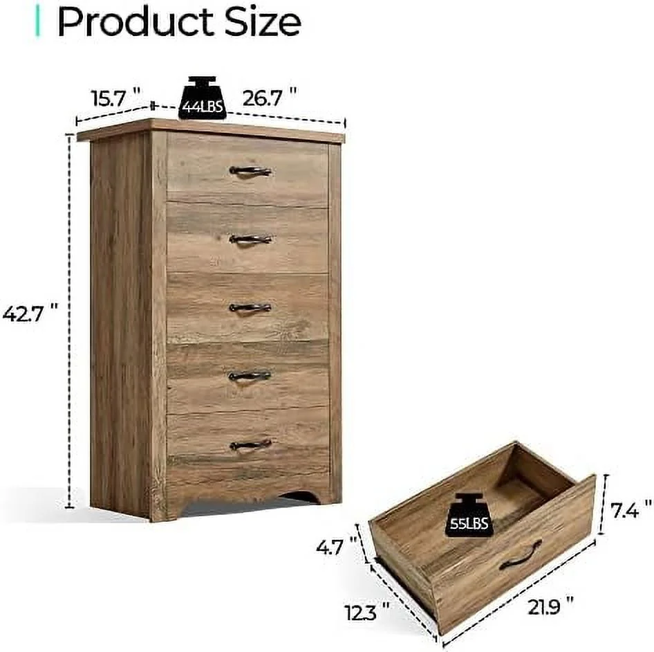 YZboomLife 5 Drawer Chest  Dresser for Bedroom  Nursery Dresser Organizer  Tall Dresser Chest of Drawers for  Bedroom - Brown