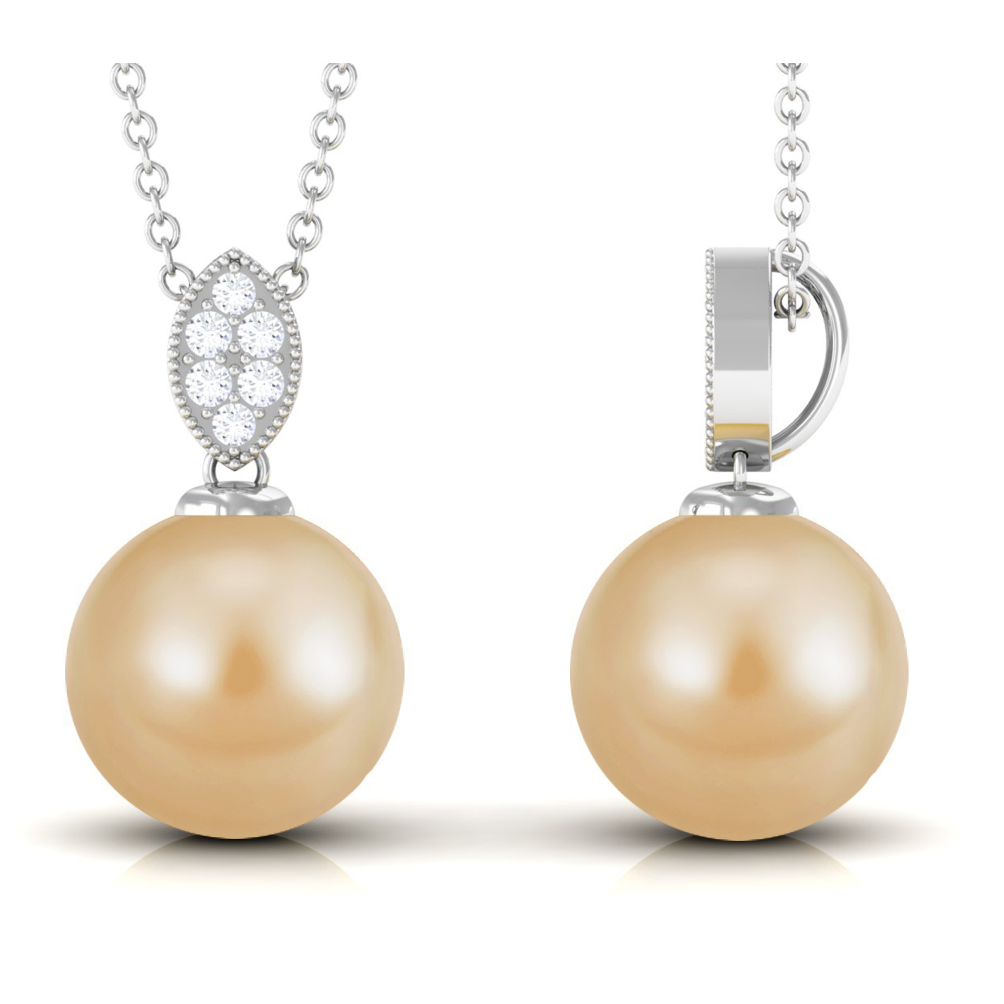 Golden Pearl Pendant Necklace for Women with Moissanite, AAA Grade, 18K White Gold