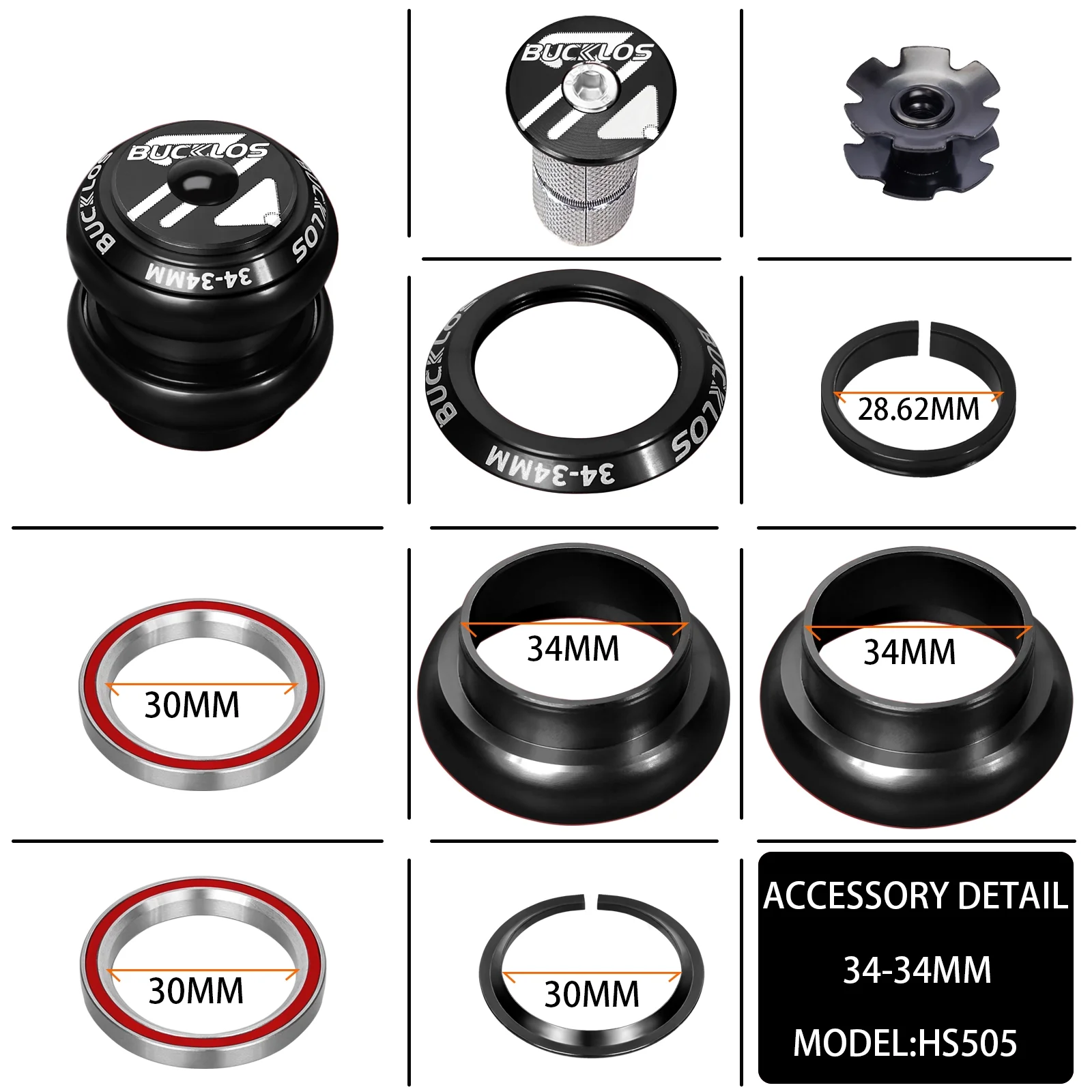 BUCKLOS MTB Bike Headset 34/44/50.6/52/55/56mm for 1-1/8