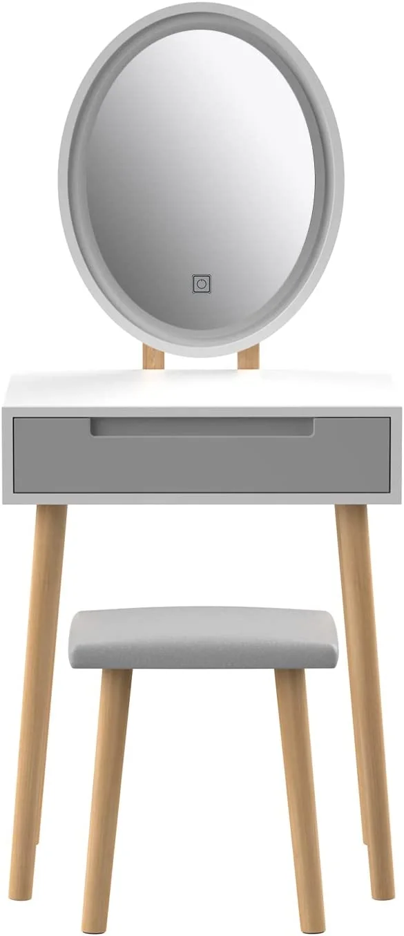 ELECWISH Makeup Vanity with Mirror Bedroom Vanity Desk with Drawers and Cushioned Stool Modern Dressing Table,Oval Mirror Gray