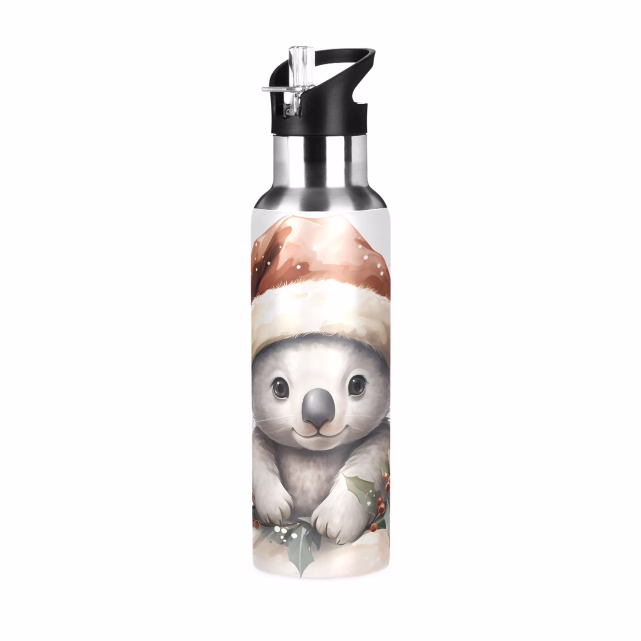 Water Bottle with Straw Lid Leak Cute Bear in Christmas Hats Stainless Steel Insulated Thermos Vacuum Flask for Cold Hot Drinking for Sports Camping Gym Yoga