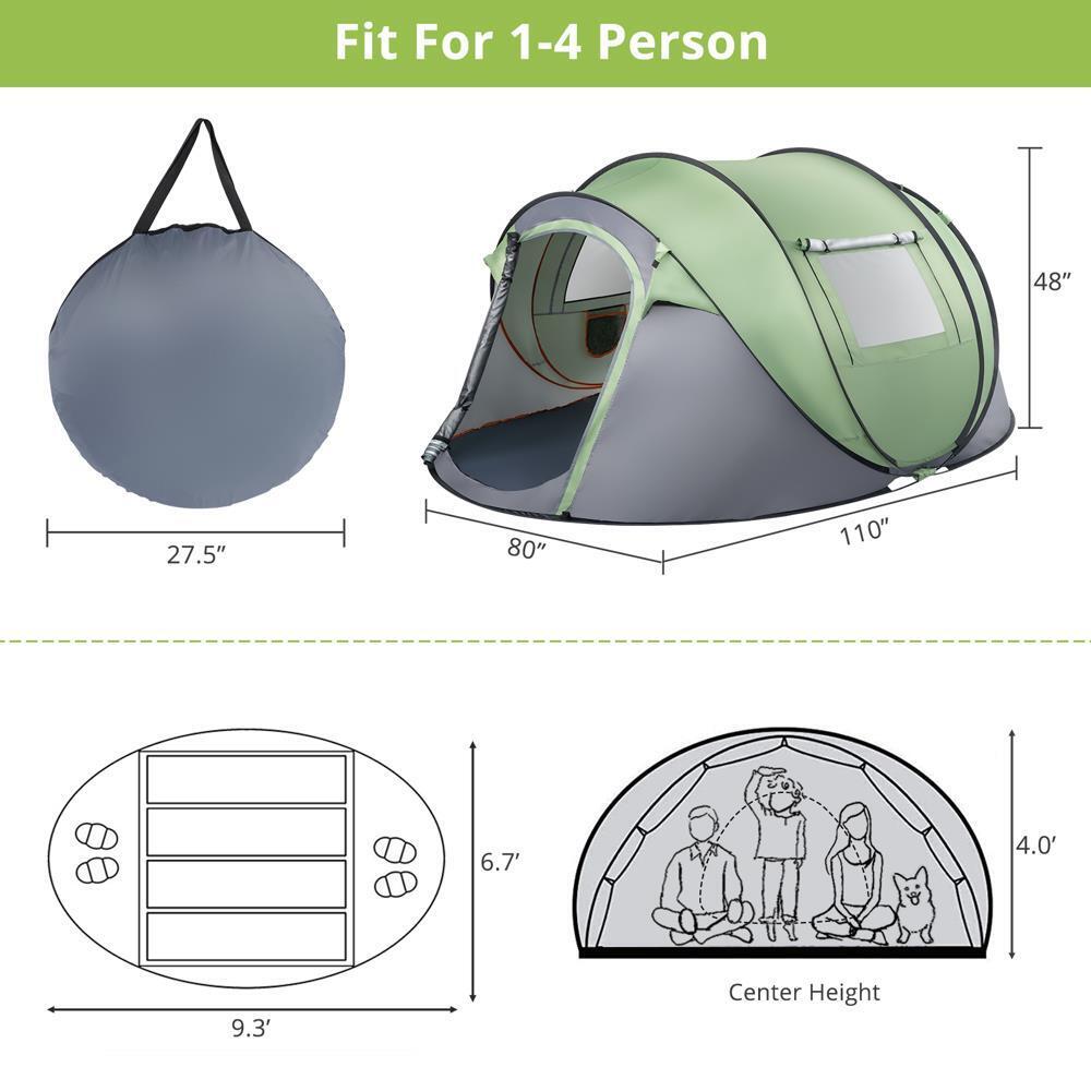 4 Person Pop Up Camping Tent, Waterproof Automatic Setup Instant Family Tents