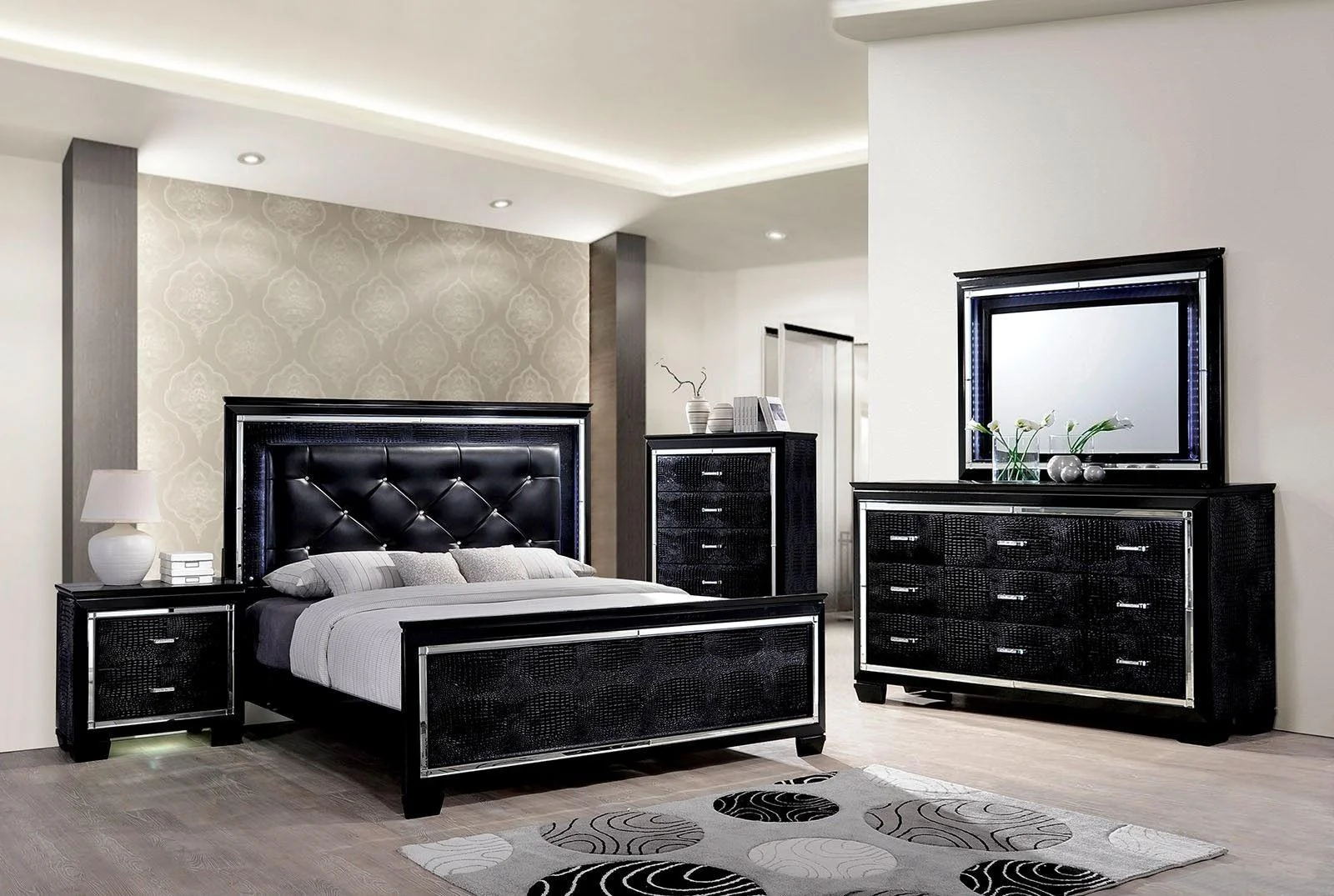 Contemporary Black Solid Wood Queen Bedroom Set 6pcs FOA CM7979BK-Q Bellanova