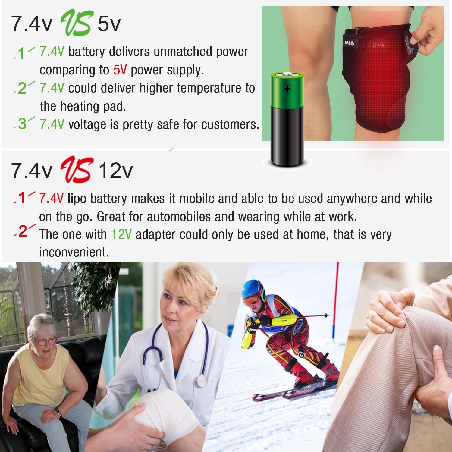 ARRIS Heating Knee Pad with Massage Heated Knee Brace Wrap with 7.4V Battery for Knee Injury