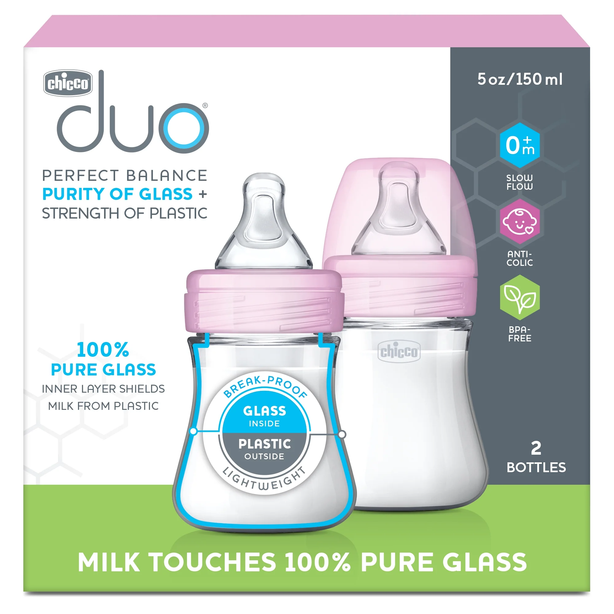Chicco Duo Hybrid Baby Bottle, Invinci-Glass Inside/Plastic Outside, 5oz, 2-Pack - Pink