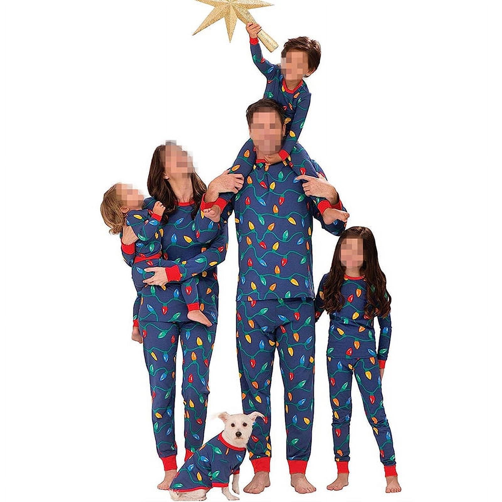 wybzd Family Matching Christmas Pajamas Set Allover Colorful String Lights Pattern Long Sleeve Tops Pants Sleepwear