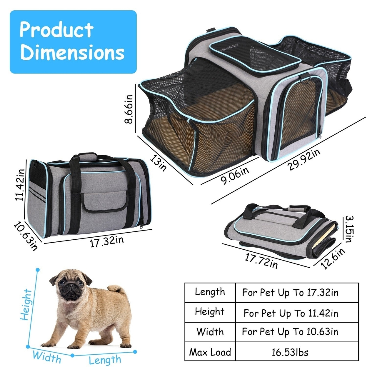 Expandable Pet Carrier Airline Approved Cat Dog Carrier Cat Collapsible Soft Carrier Bag with Removable Fleece Pad