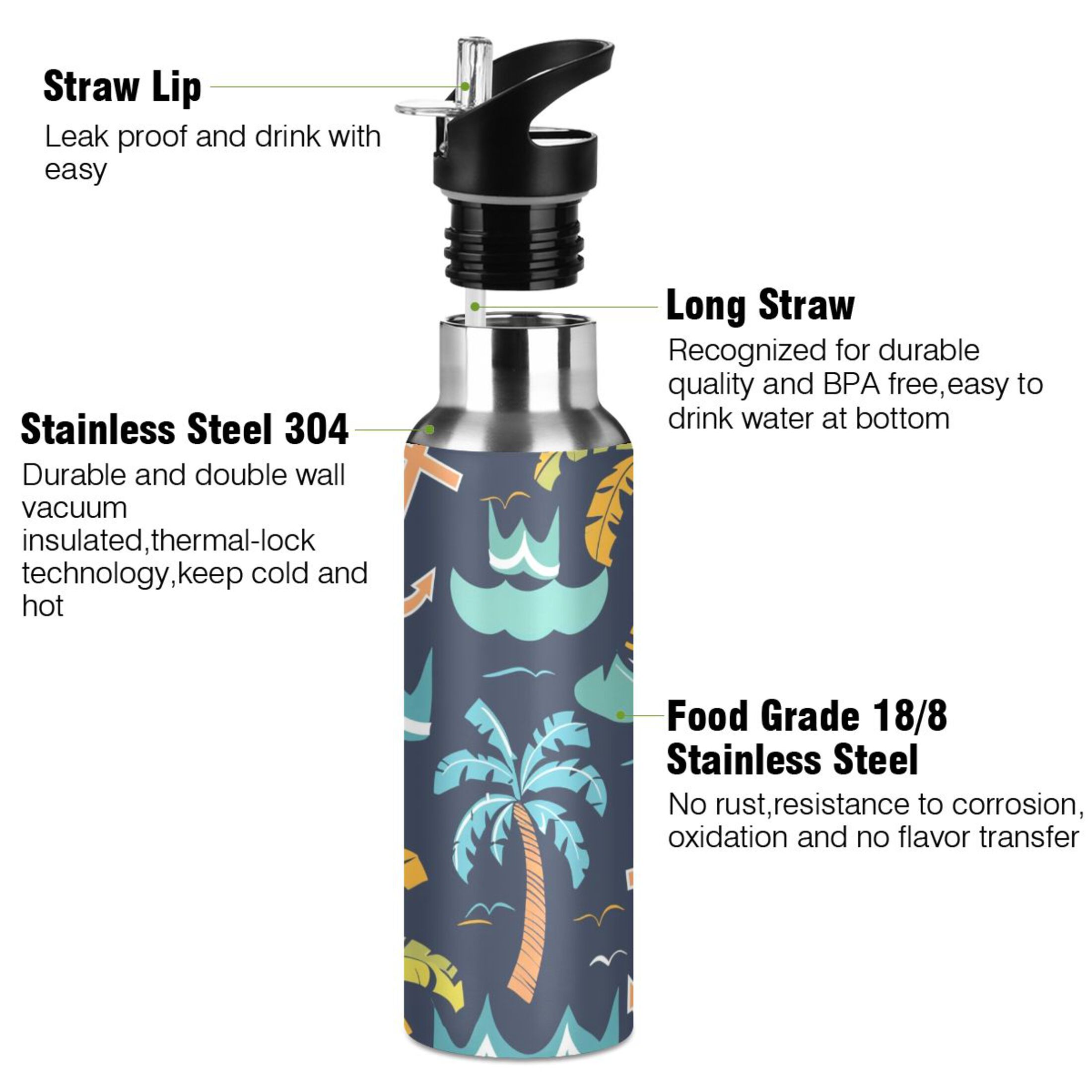 Retro Palm Trees and Spear Water Bottles Insulated Thermos Kids Stainless Steel Bottle with Straw Lid Flask Leakproof for Sports Gym 20 oz