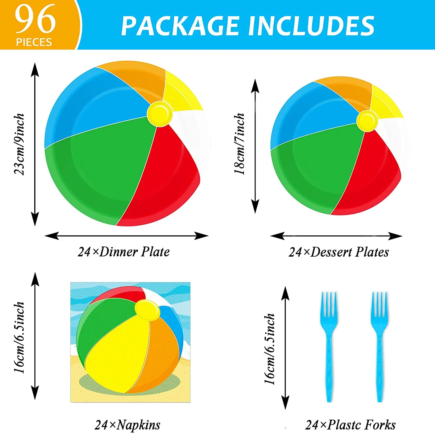 96 Pcs Beach Ball Party Supplies Tableware,Summer Pool Ball Party Plates and Napkins Set,Beach Birthday Party Favor Decorations For Kids Serves 24