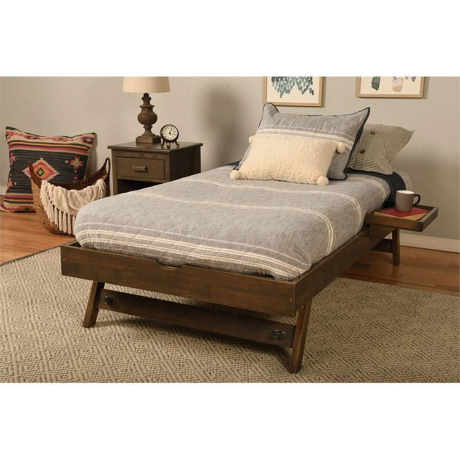Kodiak Furniture Boho Wood Pop Up Bed in Rustic Walnut Brown Finish with Tray