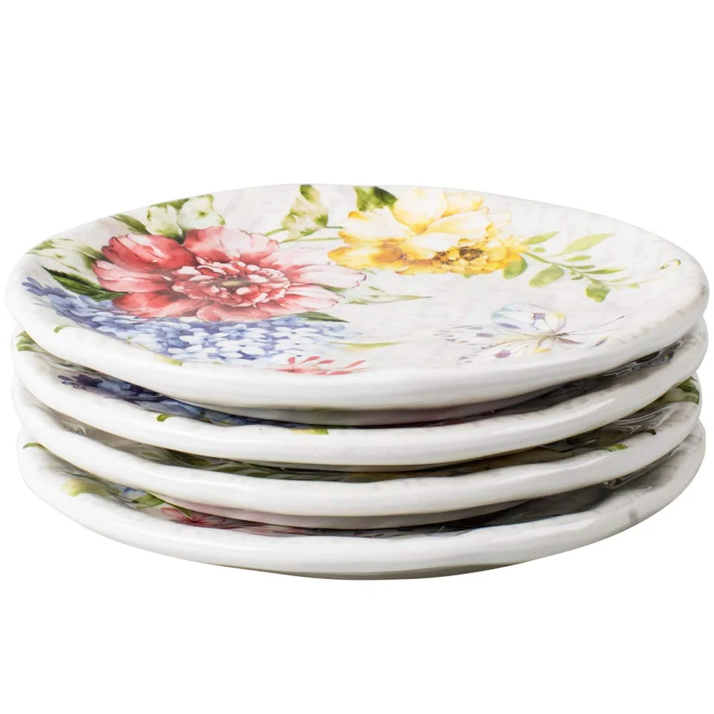 Porcelain Flower Butterfly Meadow Accent Plate set 10.5'' x 10.5'', White, Large, (set of 4)