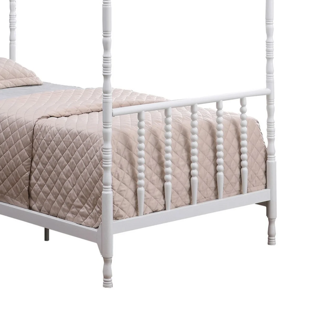 Modern Metal Twin Size Canopy Bed, Spindled Turned Posts, Classic White