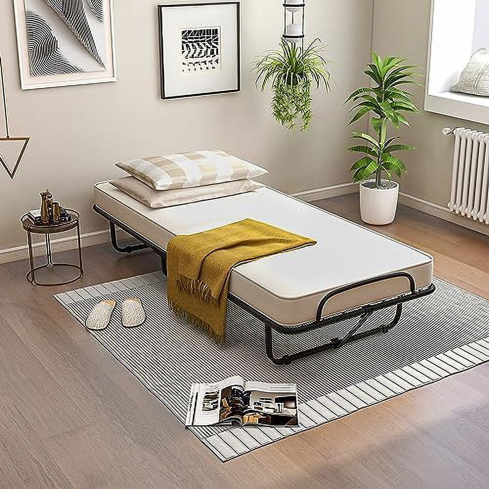 NLIBOOMLife Rollaway Folding Bed with 4 Inch Mattress for Adults  Foldable Portable Guest Bed with Memory Foam Mattress & Sturdy Metal Frame  Cot Size Fold up Bed on Wheels  Easy to S