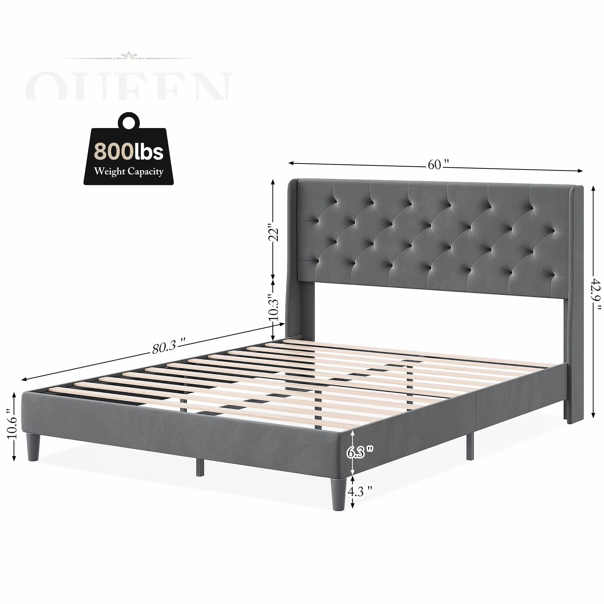 IDEALHOUSE Queen Bed Frame with Button Tufted Headboard, Fabric Upholstered Platform Queen Size Bed Frame with Headboard (Dark Grey)