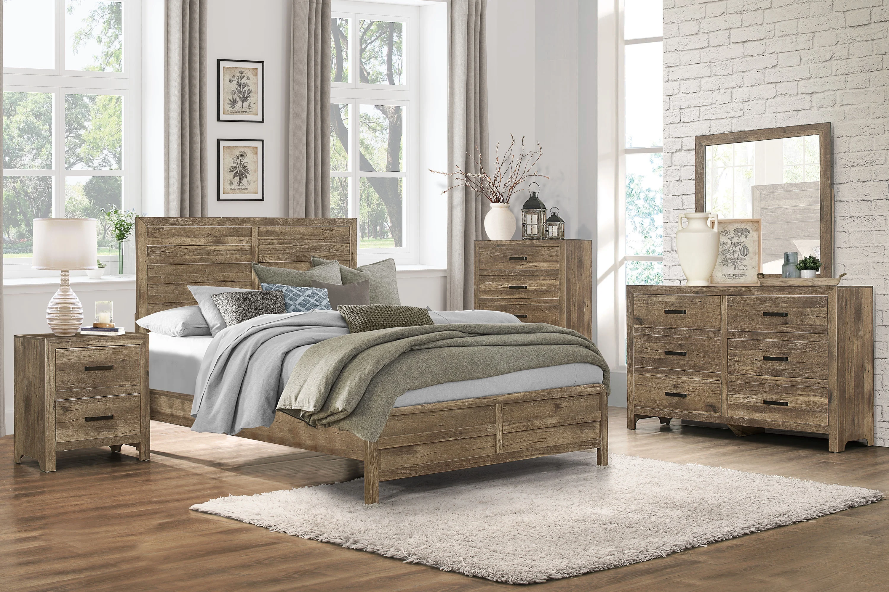 Transitional Aesthetic Design Bedroom Furniture 4pc Set Queen Size Bed Nightstand Dresser Mirror Weathered Pine Finish