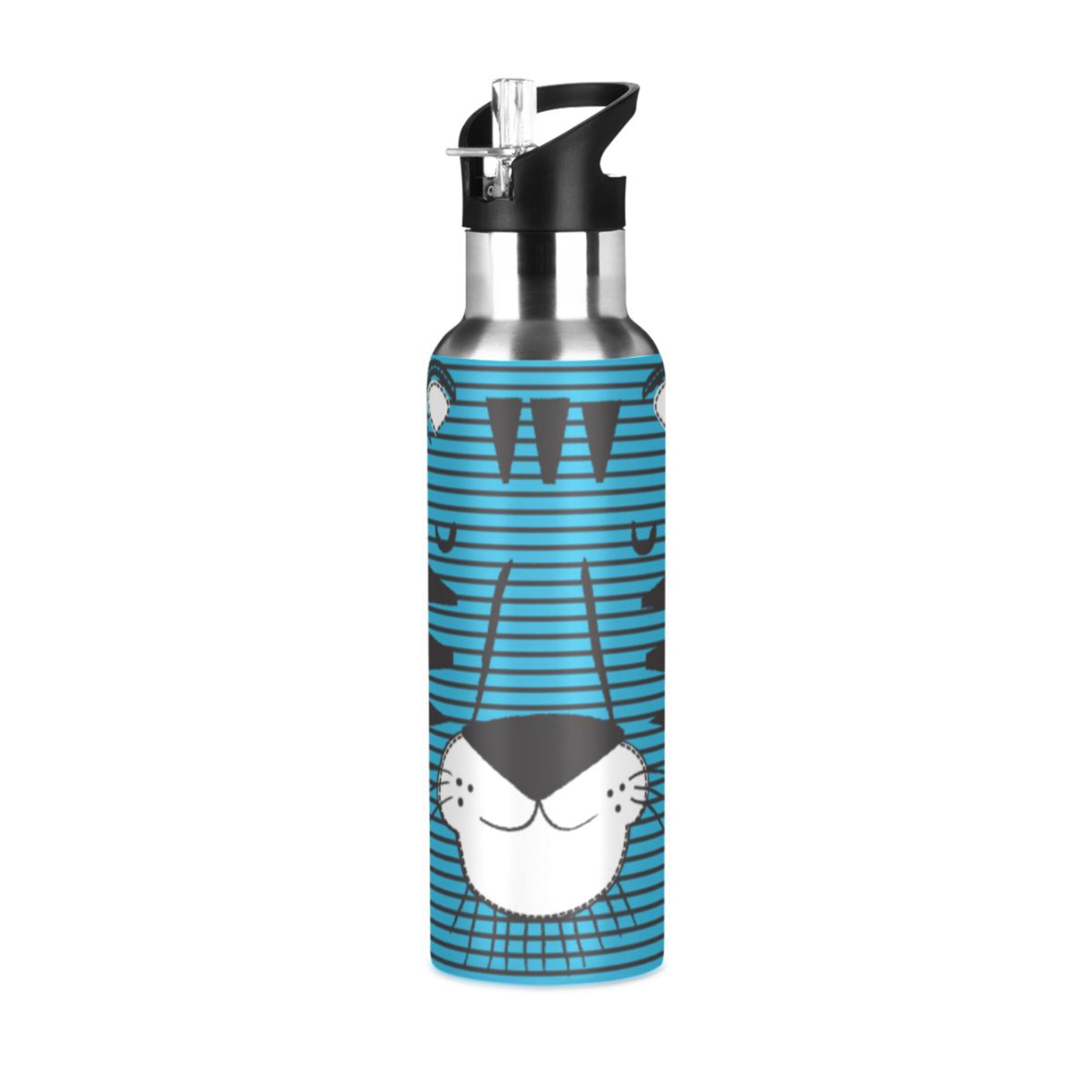 Stainless Steel Water Bottle Cute Tiger Face with Stripes with Straw Lid Vacuum Insulated Leak Proof Flask Jug for Gym Travel Sports Cycling Outdoor 20 OZ