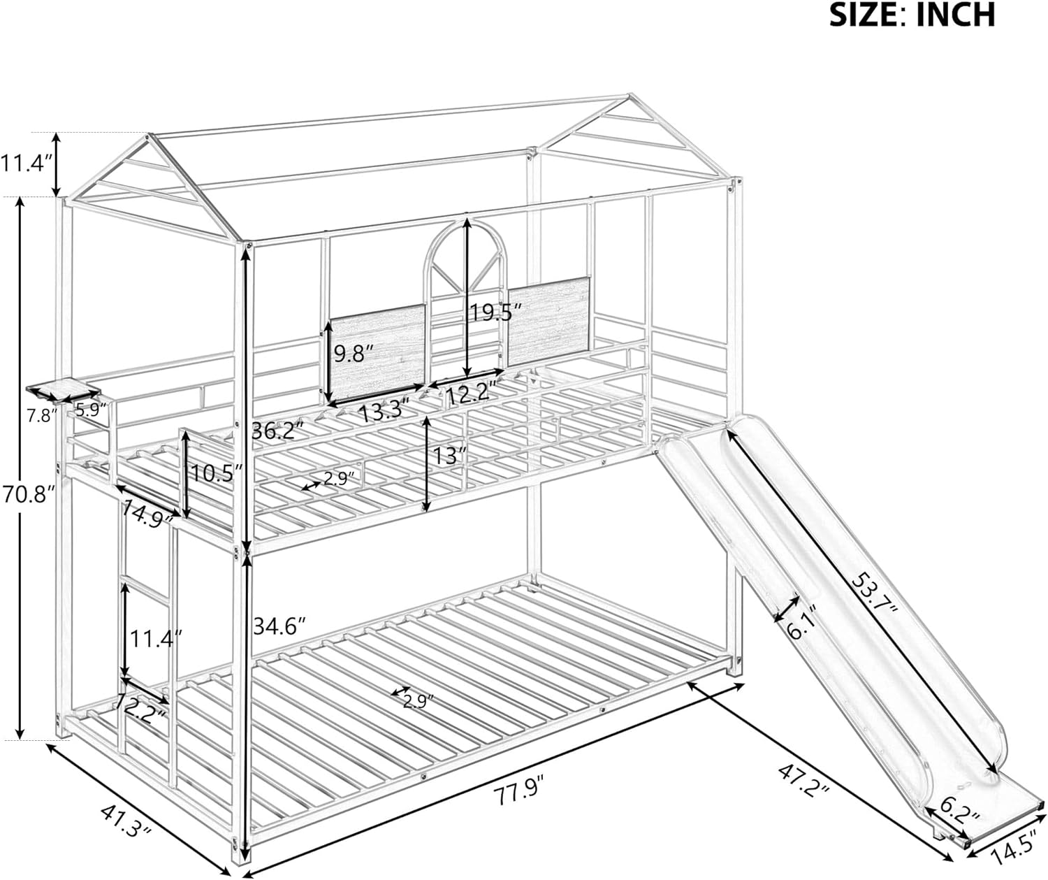 Metal House Bunk Bed Frame With Slide, Over Bunk Beds For Kids, Low Cabin Bunk Beds With Ladder And Slide, No Box Spring Need