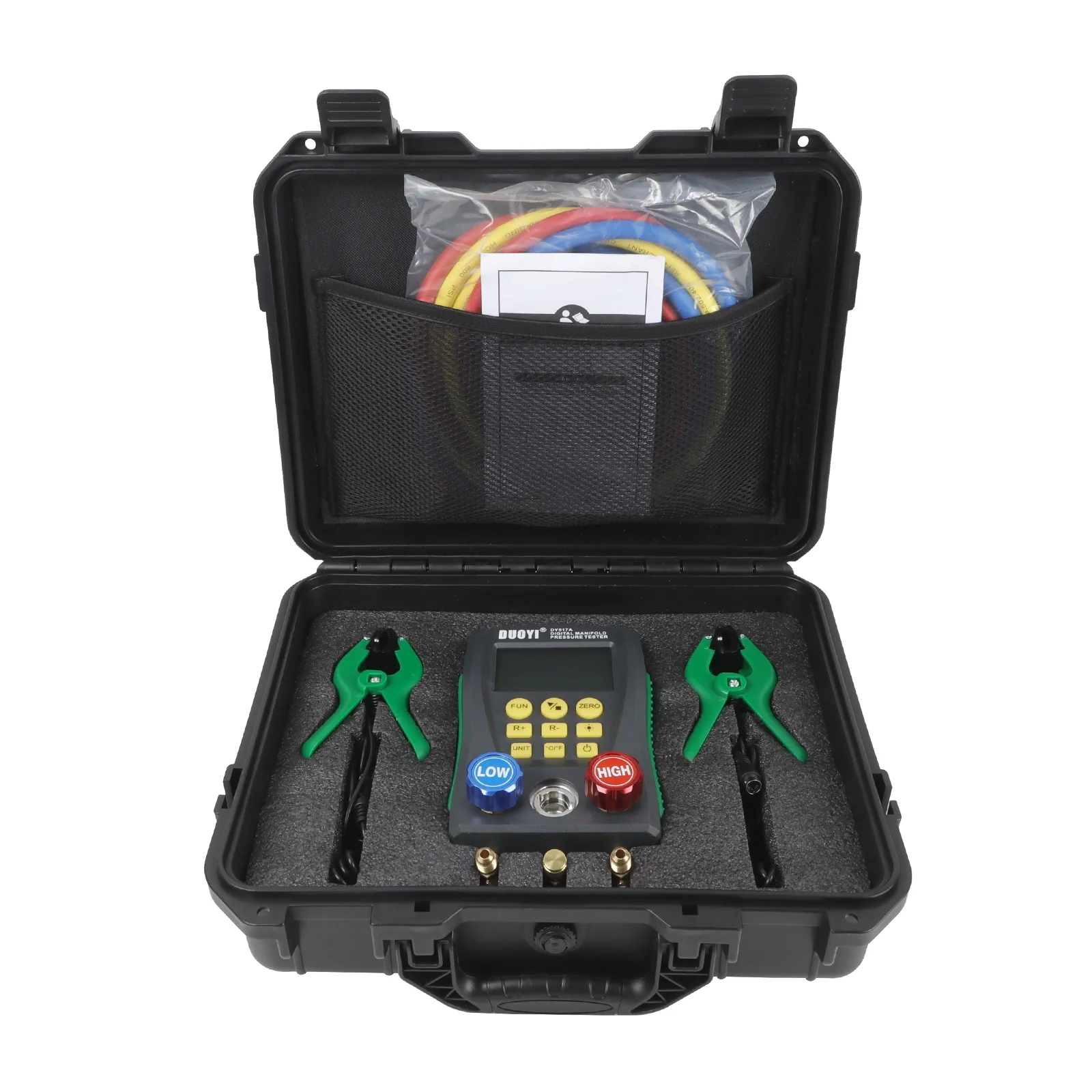 Digital Manifold Gauge Set Pressure&Temp Test HV285 Manifold Pressure Leak Test Digital Refrigerant Gauges Vacuum HVAC Gauges with Refrigerant Hoses&Temperature Clamps&LCD Display for Air Conditioning