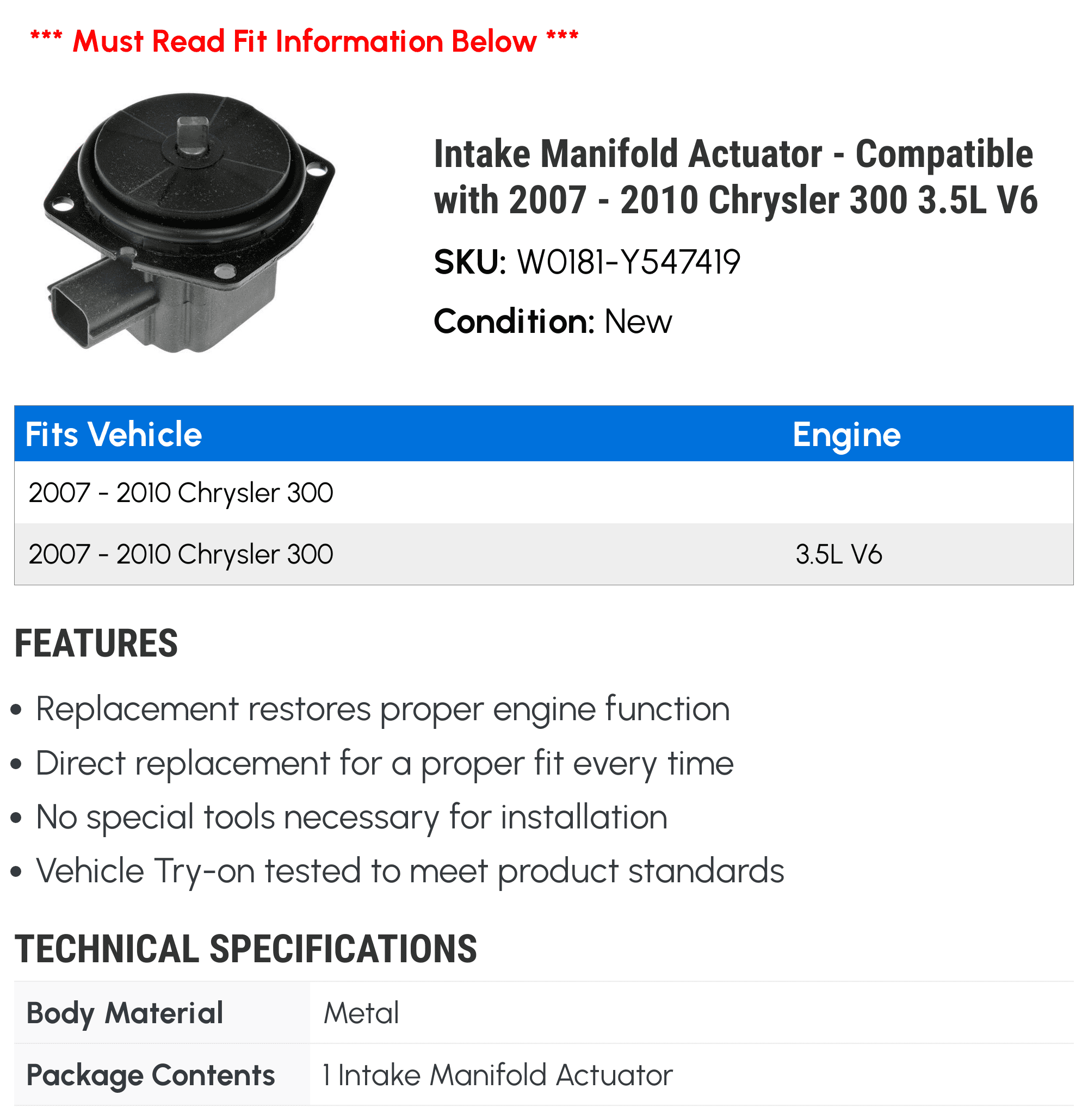 Intake Manifold Actuator - Compatible with 2007 - 2010 Chrysler 300 3.5L V6 2008 2009