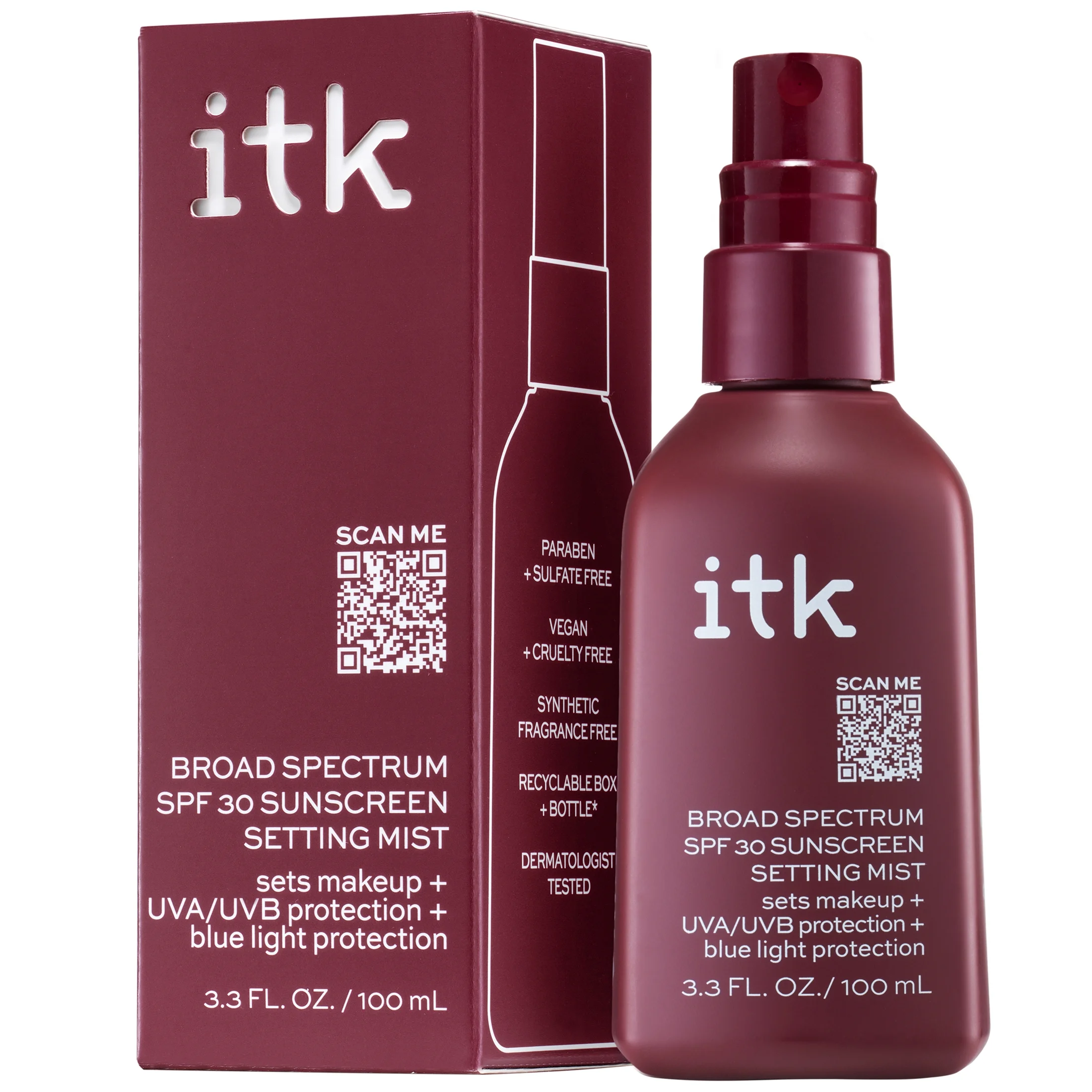 ITK Broad Spectrum SPF 30 Sunscreen Setting Mist with Vitamin E | Reef Safe, 3.3 oz