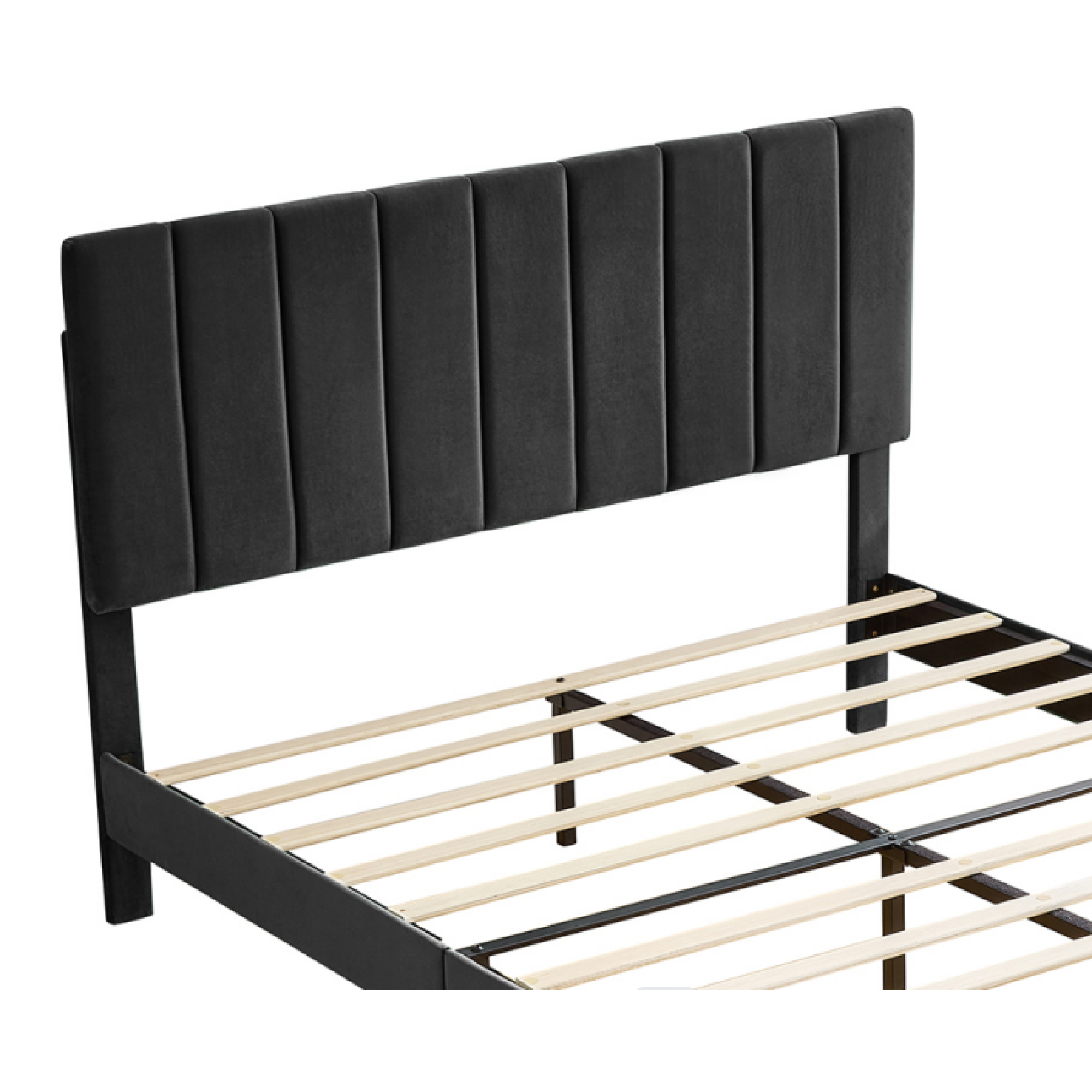 Queen Size Black Platform Bed with Upholstered Headboard, Heavy Duty Mattress Foundation, Easy Assembly