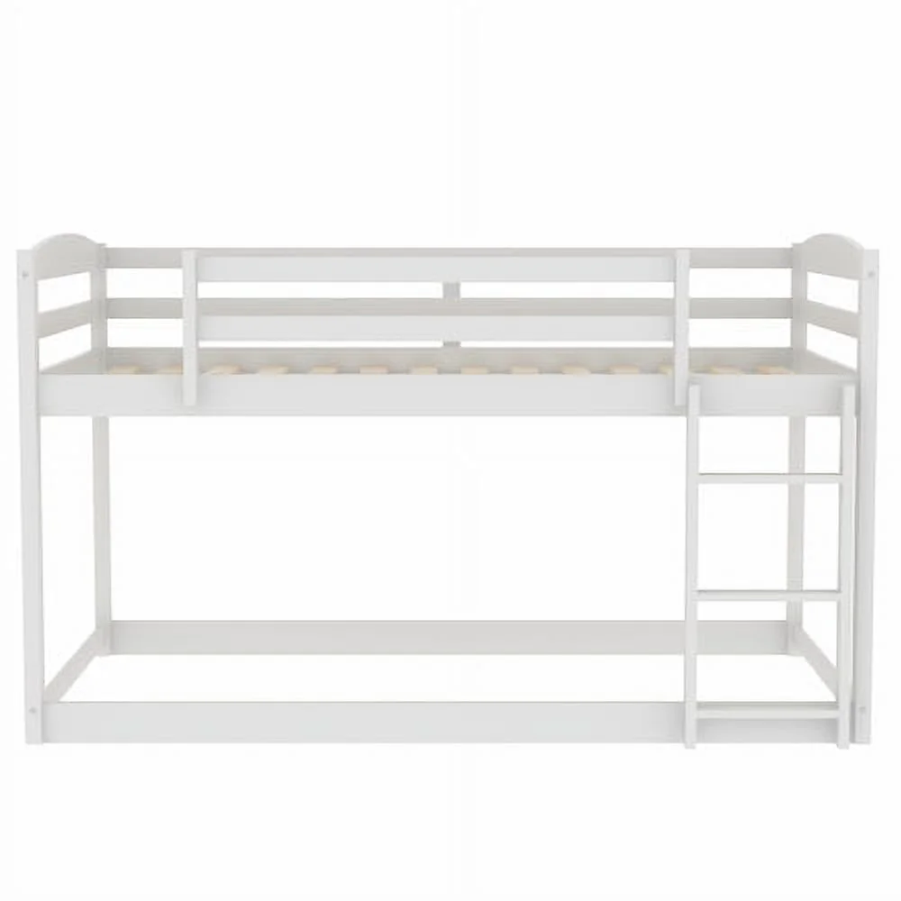 Twin over Twin Floor Bunk Bed with Safety Guardrail, Climbing Ladder, Easy to Assemble, Saving Space, Bed Bedroom Storage Guard Rail Ladder…