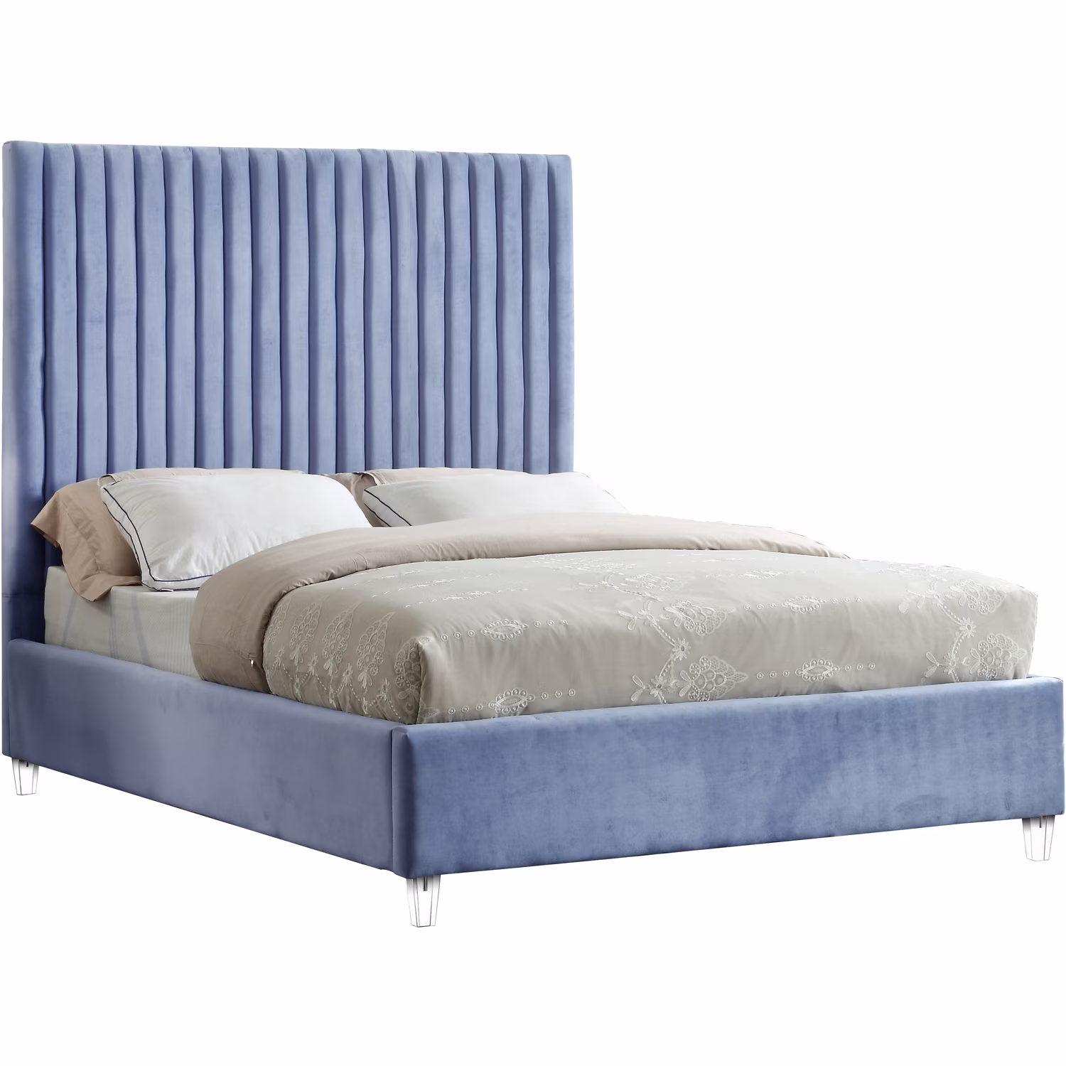 Homestock Retro Revival Sky Blue Velvet Queen Bed